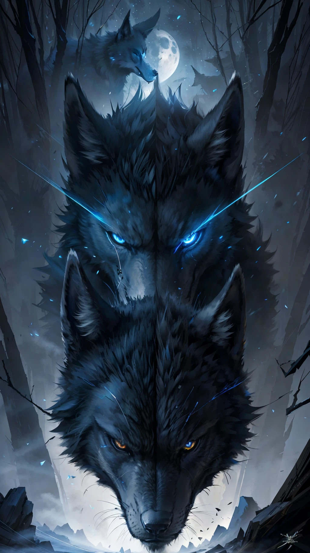 Black colored wolf "blue eyes", fierce, hunting, dangerous forest, midnight moon (detailed high resolution image), 1 angry, fearless wolf. Howling, big, powerful.