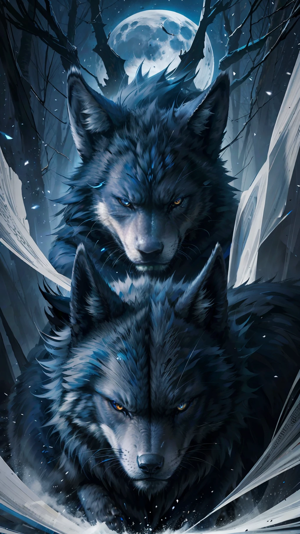 Black colored wolf "blue eyes", fierce, hunting, dangerous forest, midnight moon (detailed high resolution image), 1 angry, fearless wolf. Howling, big, powerful.