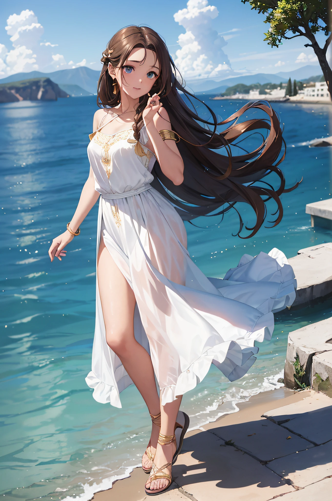 (masterpiece), (portrait), (aesthetic), (beautiful), (upper blody), (high quality), (aesthetic clothings), (professional angle), (rule of thirds), (Feminine), (woman), (female), (beautiful),(feminine features), (25 years), solo, 1 woman, (attractive Greek), Summer, Soft light, (Standing), Natural Makeup, (Small bust), ((holding a Greek Vase)), (Front face), (Serene expression), ((Calm, Graceful)), Gold Bracelet, ((Long hair)), (Brown hair), (Braided hair), (Silky hair), Glossy shine hair, (Hairpin in hair), (Blue eyes), (Elegant look), (Fair skin), (Embroidered clothing), (Flowy Dress), (Sandals), (Skirt), Sweetheart neckline), ((Coastal background)), (- in background), (Full Shot shot), beautiful hands, two hands, normal hands, two arms, complete hands, beautiful body, beautiful fingers, normal fingers, five fingers, five fingers, (Thumb index meddle ring little fingers), beautiful ears, normal ears, beautiful eyes, shiny eyes, beautiful mouth, beautiful lips,