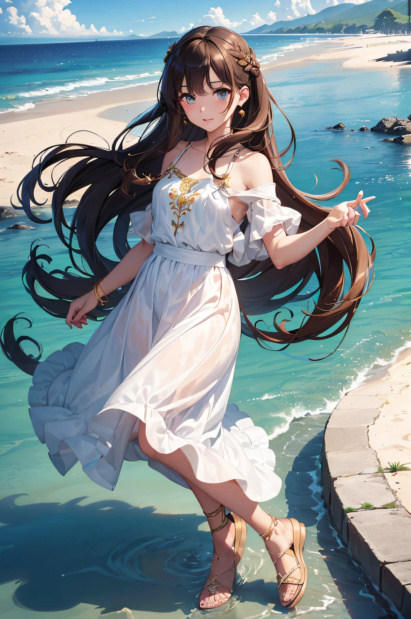 (masterpiece), (portrait), (aesthetic), (beautiful), (upper blody), (high quality), (aesthetic clothings), (professional angle), (rule of thirds), (Feminine), (woman), (female), (beautiful),(feminine features), (25 years), solo, 1 woman, (attractive Greek), Summer, Soft light, (Standing), Natural Makeup, (Small bust), ((holding a Greek Vase)), (Front face), (Serene expression), ((Calm, Graceful)), Gold Bracelet, ((Long hair)), (Brown hair), (Braided hair), (Silky hair), Glossy shine hair, (Hairpin in hair), (Blue eyes), (Elegant look), (Fair skin), (Embroidered clothing), (Flowy Dress), (Sandals), (Skirt), Sweetheart neckline), ((Coastal background)), (- in background), (Full Shot shot), beautiful hands, two hands, normal hands, two arms, complete hands, beautiful body, beautiful fingers, normal fingers, five fingers, five fingers, (Thumb index meddle ring little fingers), beautiful ears, normal ears, beautiful eyes, shiny eyes, beautiful mouth, beautiful lips,