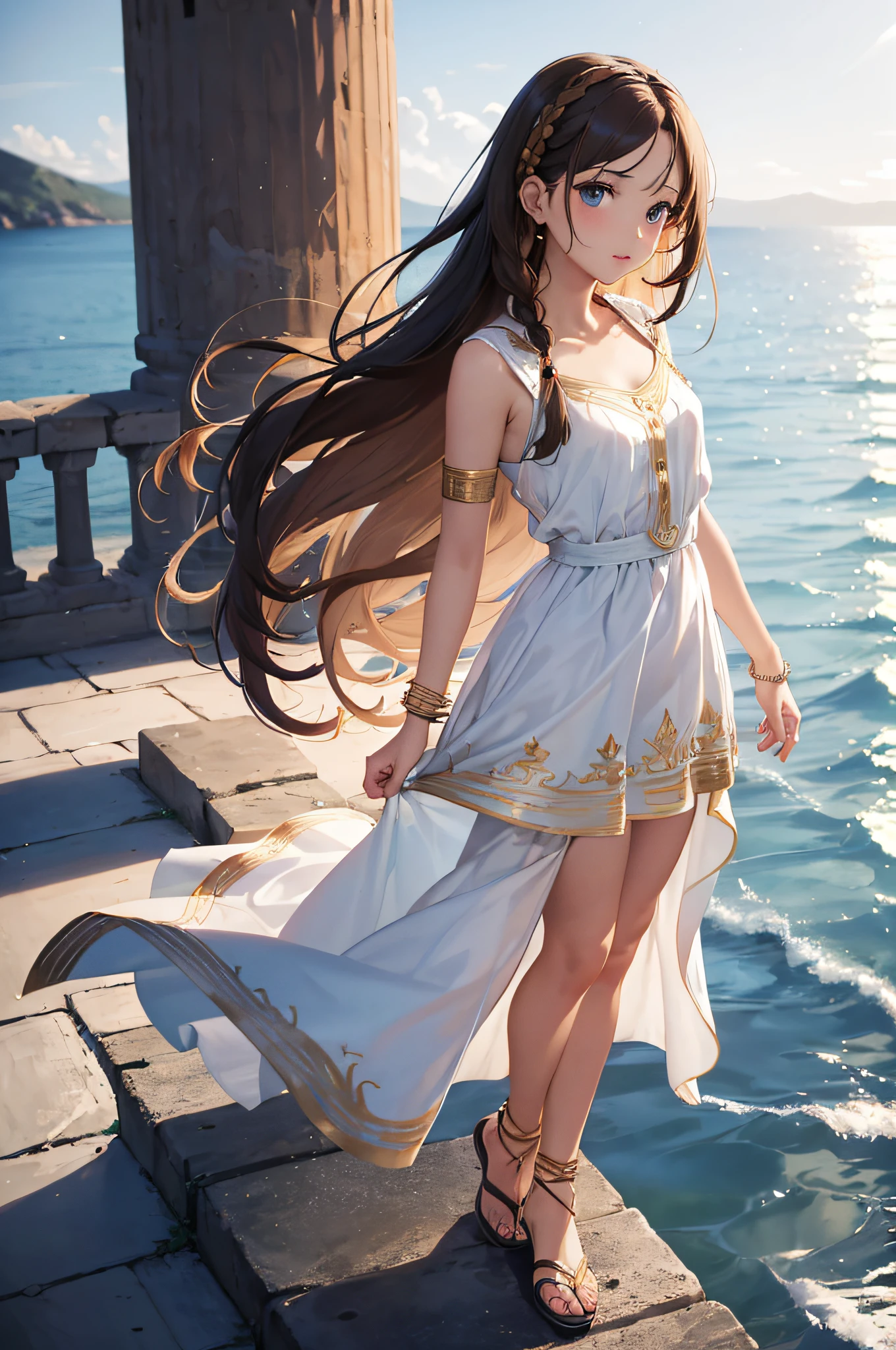 (masterpiece), (portrait), (aesthetic), (beautiful), (upper blody), (high quality), (aesthetic clothings), (professional angle), (rule of thirds), (Feminine), (woman), (female), (beautiful),(feminine features), (25 years), solo, 1 woman, (attractive Greek), Summer, Soft light, (Standing), Natural Makeup, (Small bust), ((holding a Greek Vase)), (Front face), (Serene expression), ((Calm, Graceful)), Gold Bracelet, ((Long hair)), (Brown hair), (Braided hair), (Silky hair), Glossy shine hair, (Hairpin in hair), (Blue eyes), (Elegant look), (Fair skin), (Embroidered clothing), (Flowy Dress), (Sandals), (Skirt), Sweetheart neckline), ((Coastal background)), (- in background), (Full Shot shot), beautiful hands, two hands, normal hands, two arms, complete hands, beautiful body, beautiful fingers, normal fingers, five fingers, five fingers, (Thumb index meddle ring little fingers), beautiful ears, normal ears, beautiful eyes, shiny eyes, beautiful mouth, beautiful lips,