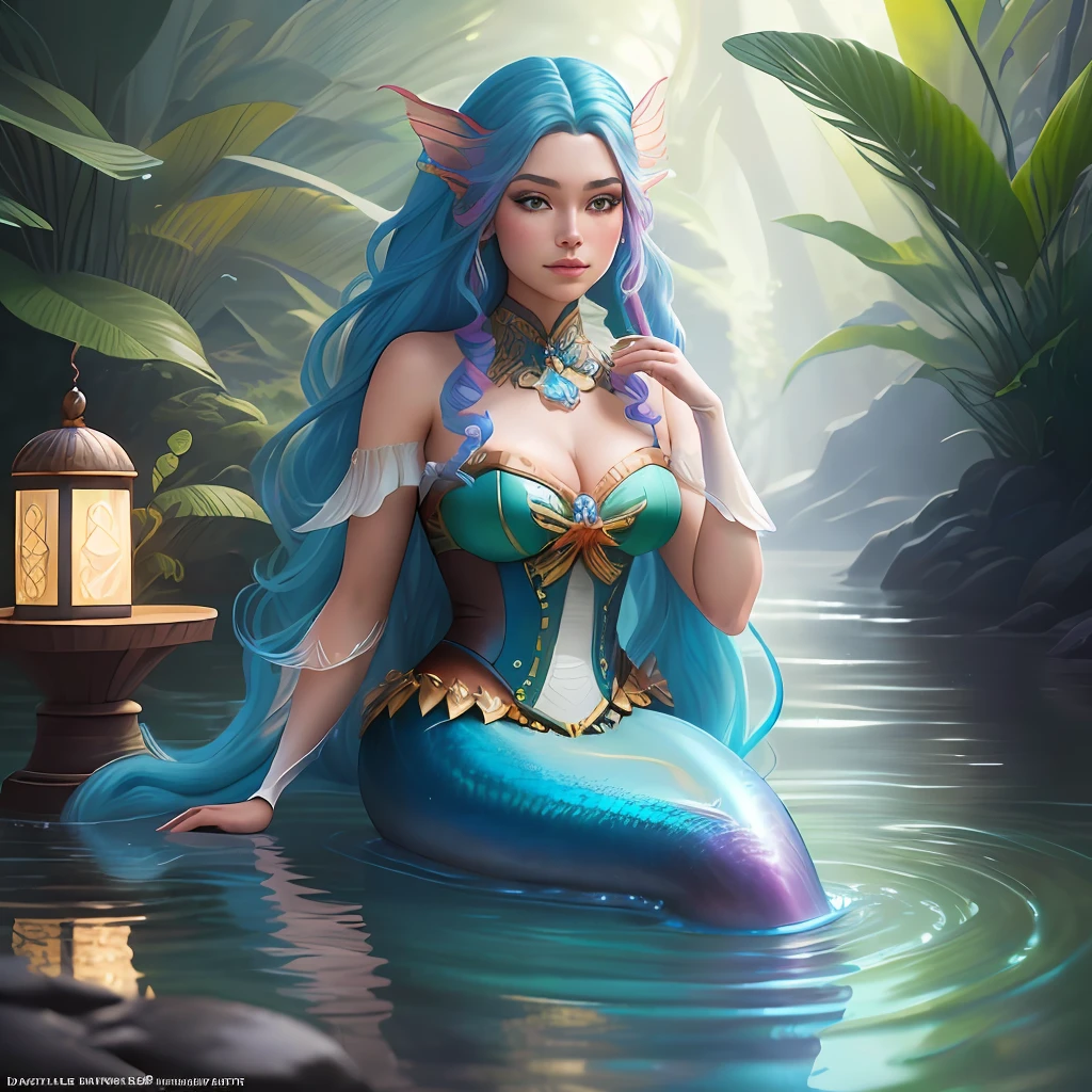 a woman in a mermaid costume sitting in the water, realistic fantasy illustration, fantasy art behance, fantasy art style, deviantart artstation cgscosiety, portrait of mermaid warrior, detailed digital 2d fantasy art, beautiful mermaid, water fairy, fantasy style art, deviantart artstation, extremely detailed artgerm, closeup fantasy with water magic, beautiful fantasy art