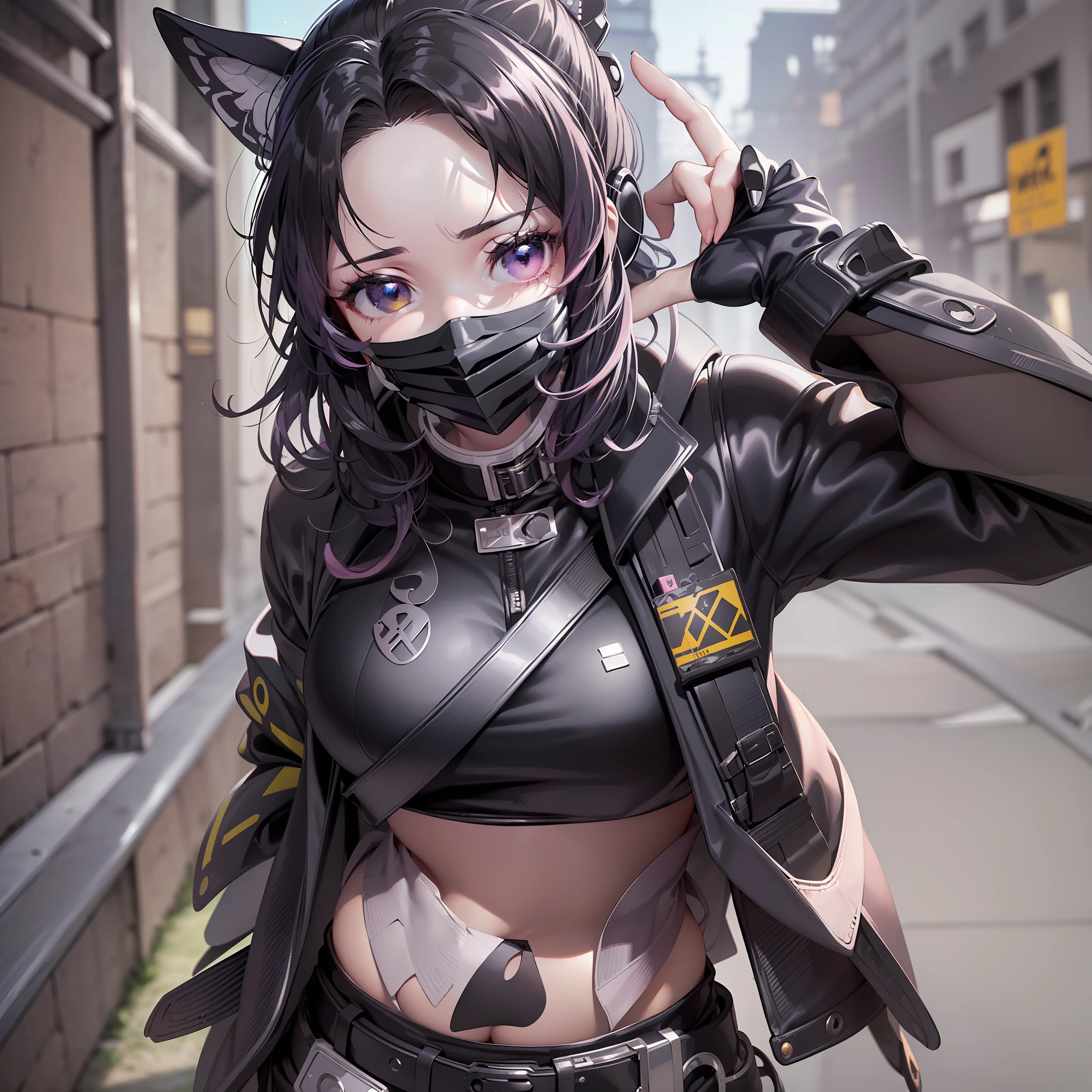 ((best quality,8k, masterpiece)) ((image without any deformation)),((sharp image))a girl,white skin pink cheek, bright yellow eyes, black color hair, black color jacket, black color jacket, sweatshirt, open jacket, pants,((mask covering mouth black color)),headphones,(((highly detailed image)))