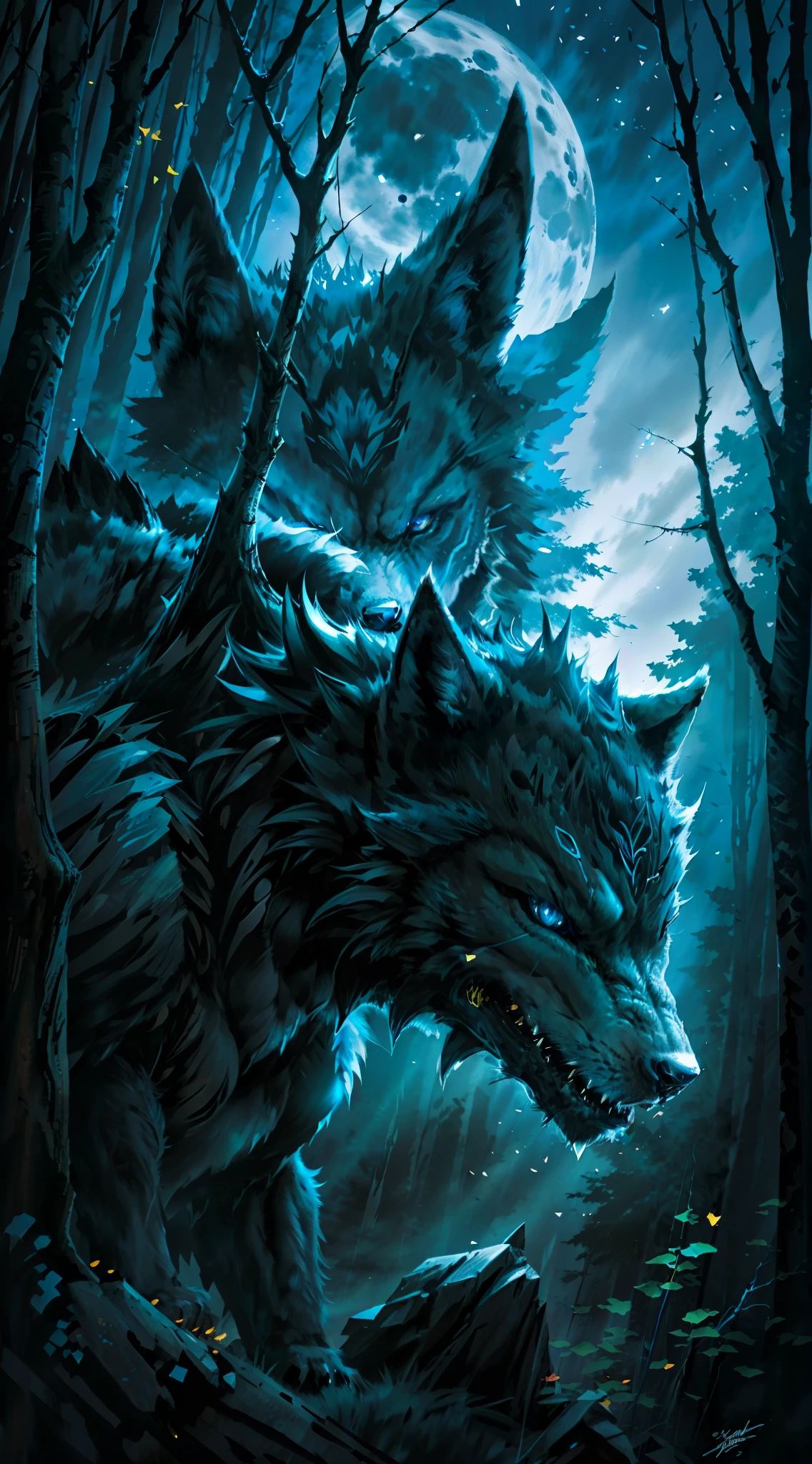 Black colored wolf "blue eyes", fierce, hunting, dangerous forest, midnight moon (detailed high resolution image), 1 angry, fearless wolf. Howling, big, powerful. Open forest, night, stars.