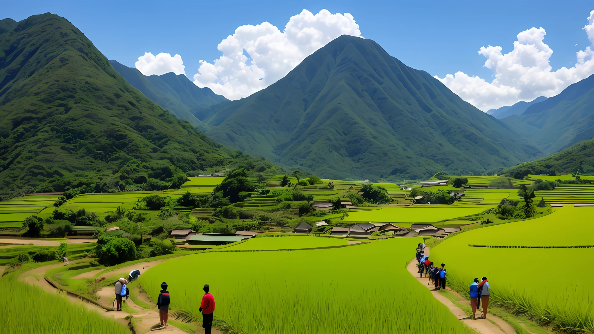 A photograph of Asian people on a rice paddy, with mountains in the background, surrounding the landscape. The sky is clear, with clouds reflecting sunlight. The time is around 7 a.m., providing a vibrant blue sky. The photo was taken with a professional wide-angle lens, capturing both the people in the central focus and the landscape in the background. The view is from a height of 1.80 m. Generate a photograph ((high quality)) with Asian people on a rice paddy, mountains in the background, clear blue sky with clouds reflecting sunlight. The perspective should value both the people in the central focus and the landscape in the background. The image should be captured as if it were seen from a height of 1.80 meters. Use a professional wide-angle lens to highlight the moment and perspective. (4K quality) (smiles) (men and women) (harvest) (Maximum details) (Impressive)