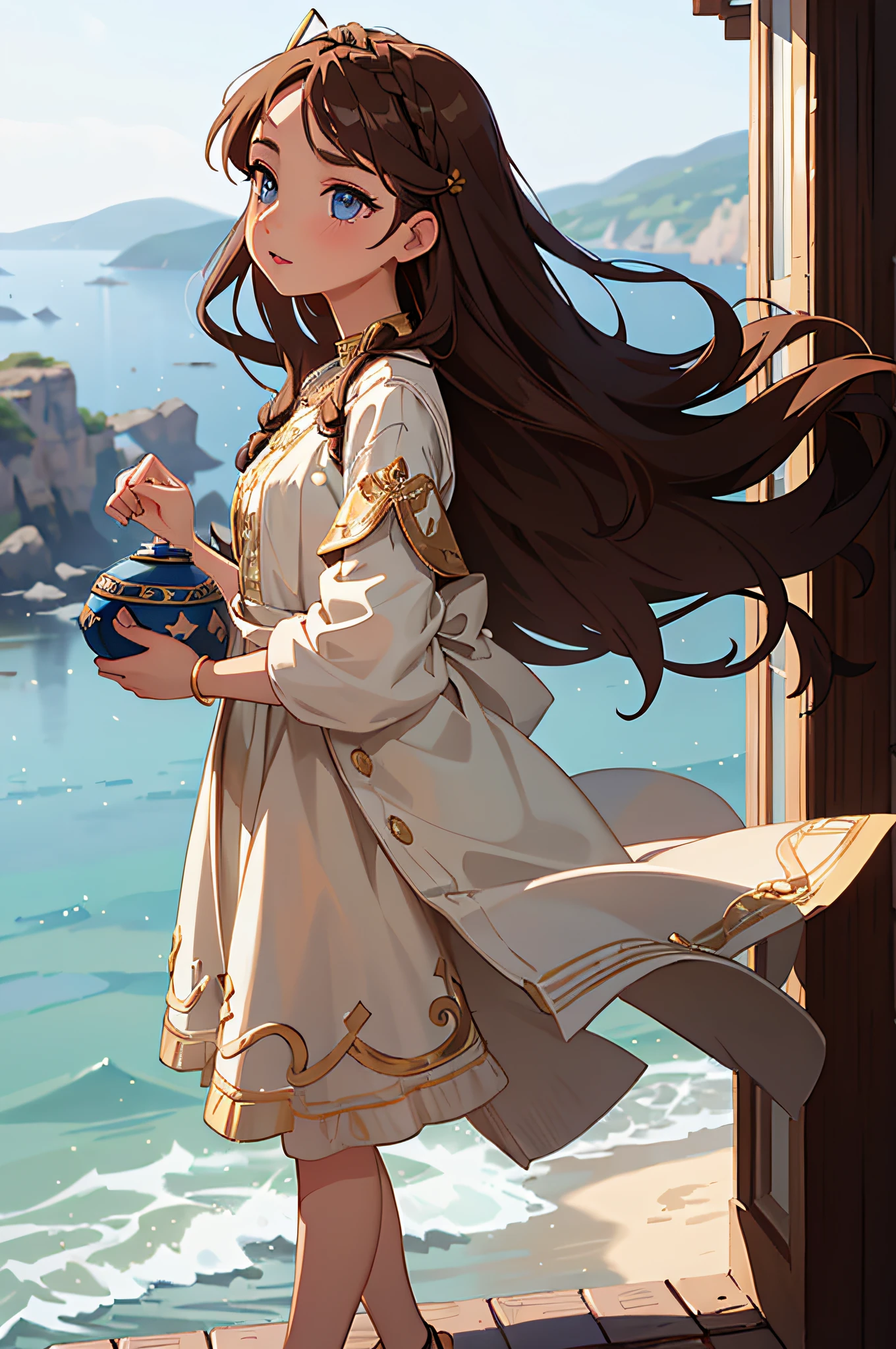 (masterpiece), (portrait), (aesthetic), (beautiful), (upper blody), (high quality), (aesthetic clothings), (professional angle), (rule of thirds), (Feminine), (woman), (female), (beautiful),(feminine features), (25 years), solo, 1 woman, (attractive Greek), Summer, Soft light, (Standing), Natural Makeup, (Small bust), ((holding a Greek Vase)), (Front face), (Serene expression), ((Calm, Graceful)), Gold Bracelet, ((Long hair)), (Brown hair), (Braided hair), (Silky hair), Glossy shine hair, (Hairpin in hair), (Blue eyes), (Elegant look), (Fair skin), (Embroidered clothing), (Flowy Dress), (Sandals), (Skirt), Sweetheart neckline), ((Coastal background)), (- in background), (Full Shot shot), beautiful hands, two hands, normal hands, two arms, complete hands, beautiful body, beautiful fingers, normal fingers, five fingers, five fingers, (Thumb index meddle ring little fingers), beautiful ears, normal ears, beautiful eyes, shiny eyes, beautiful mouth, beautiful lips,