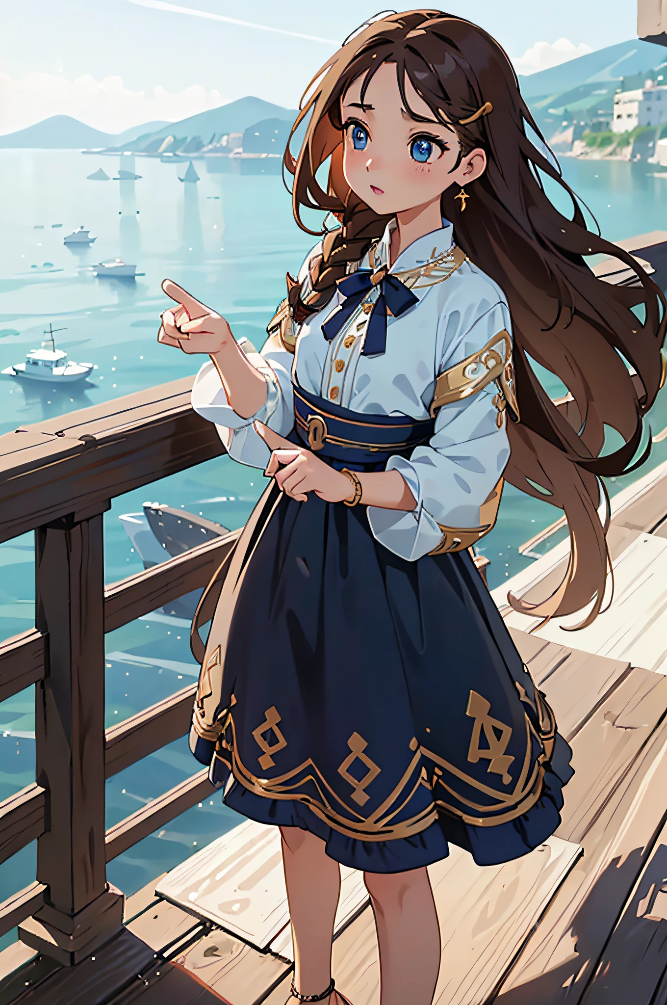 (masterpiece), (portrait), (aesthetic), (beautiful), (upper blody), (high quality), (aesthetic clothings), (professional angle), (rule of thirds), (Feminine), (woman), (female), (beautiful),(feminine features), (25 years), solo, 1 woman, (attractive Greek), Summer, Soft light, (Standing), Natural Makeup, (Small bust), ((holding a Greek Vase)), (Front face), (Serene expression), ((Calm, Graceful)), Gold Bracelet, ((Long hair)), (Brown hair), (Braided hair), (Silky hair), Glossy shine hair, (Hairpin in hair), (Blue eyes), (Elegant look), (Fair skin), (Embroidered clothing), (Flowy Dress), (Sandals), (Skirt), Sweetheart neckline), ((Coastal background)), (- in background), (Full Shot shot), beautiful hands, two hands, normal hands, two arms, complete hands, beautiful body, beautiful fingers, normal fingers, five fingers, five fingers, (Thumb index meddle ring little fingers), beautiful ears, normal ears, beautiful eyes, shiny eyes, beautiful mouth, beautiful lips,