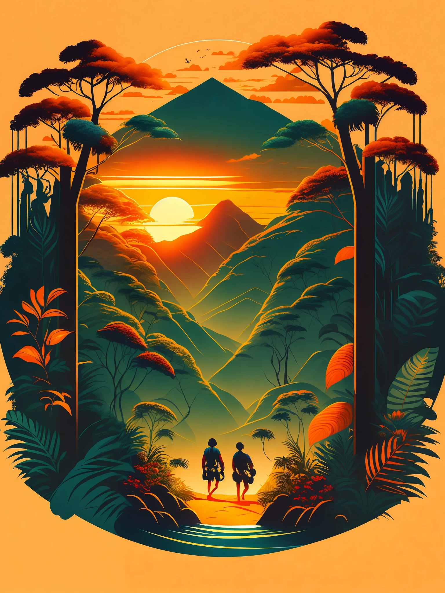 Amazon rainforest with climbing climber, sunset landscape, jaguars, macaws and monkeys in the landscape, T-shirt design, vector art,