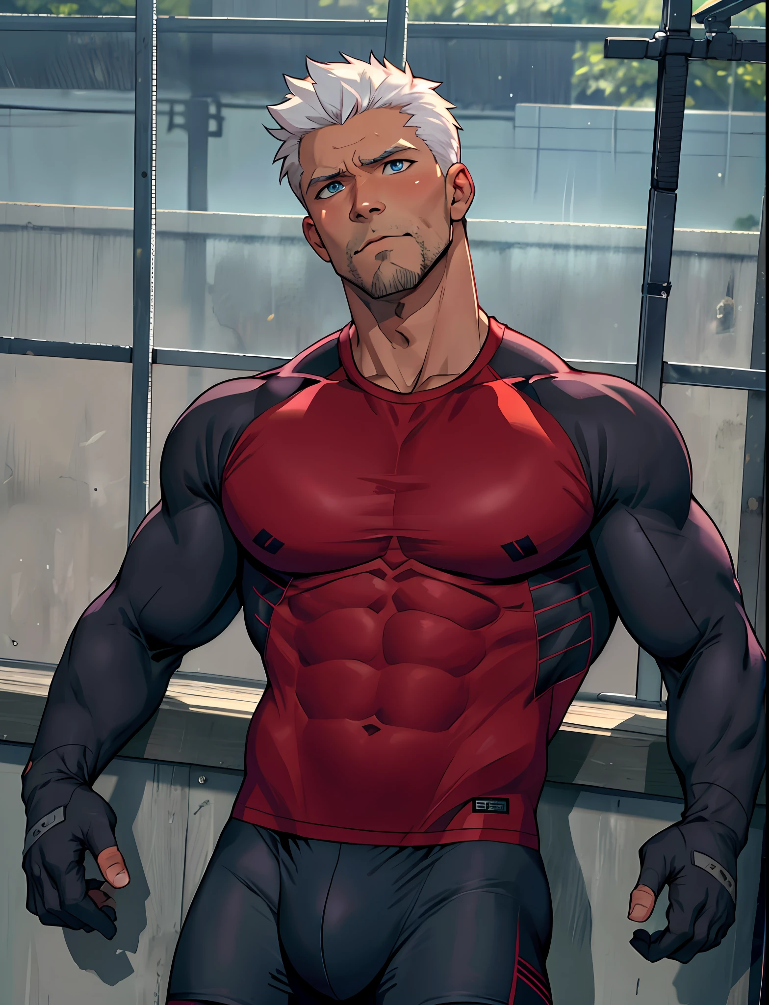 Archer /(fate/), blushing, sexy, short hair, muscular, bara, short stubble, fingerless gloves, erect, cycling shorts, eye focus, blue eyes, manly, award winning, best quality, highres, high details, anatomically correct, masterpiece, manly, young face, spandex t-shirt,