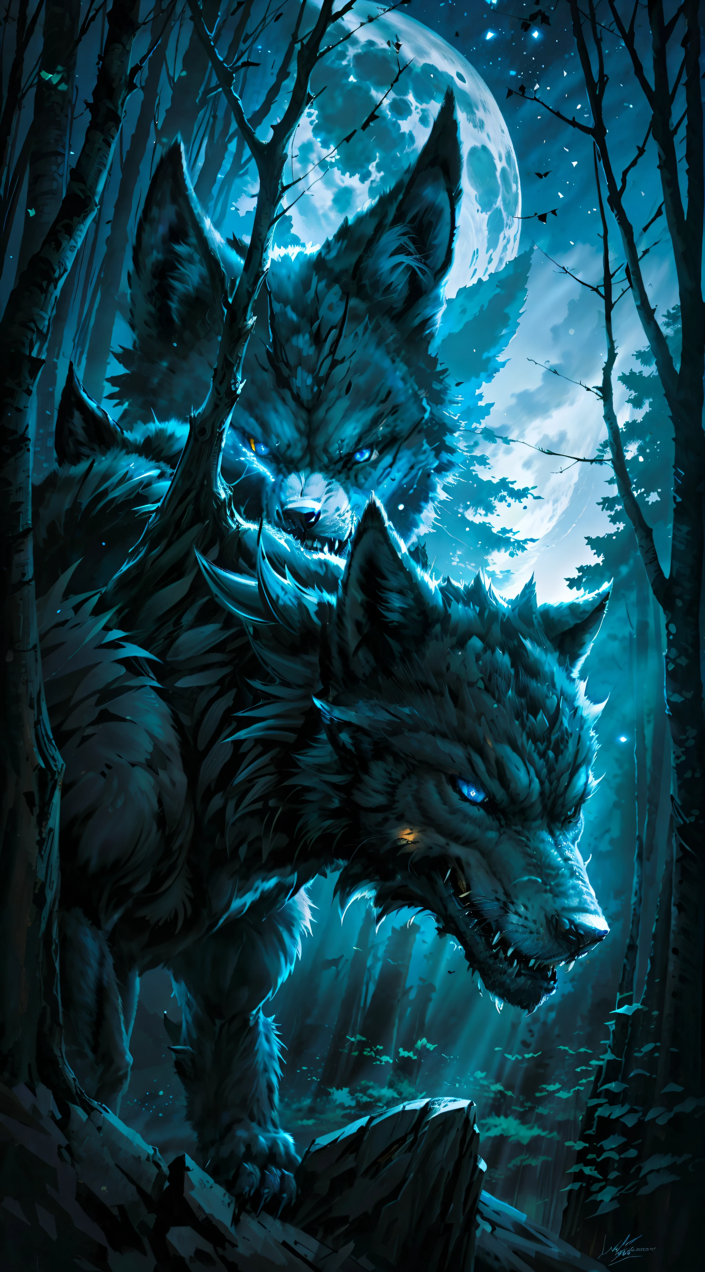 Black colored wolf "blue eyes", fierce, hunting, dangerous forest, midnight moon (detailed high resolution image), 1 angry, fearless wolf. Howling, big, powerful. Open forest, night, stars.