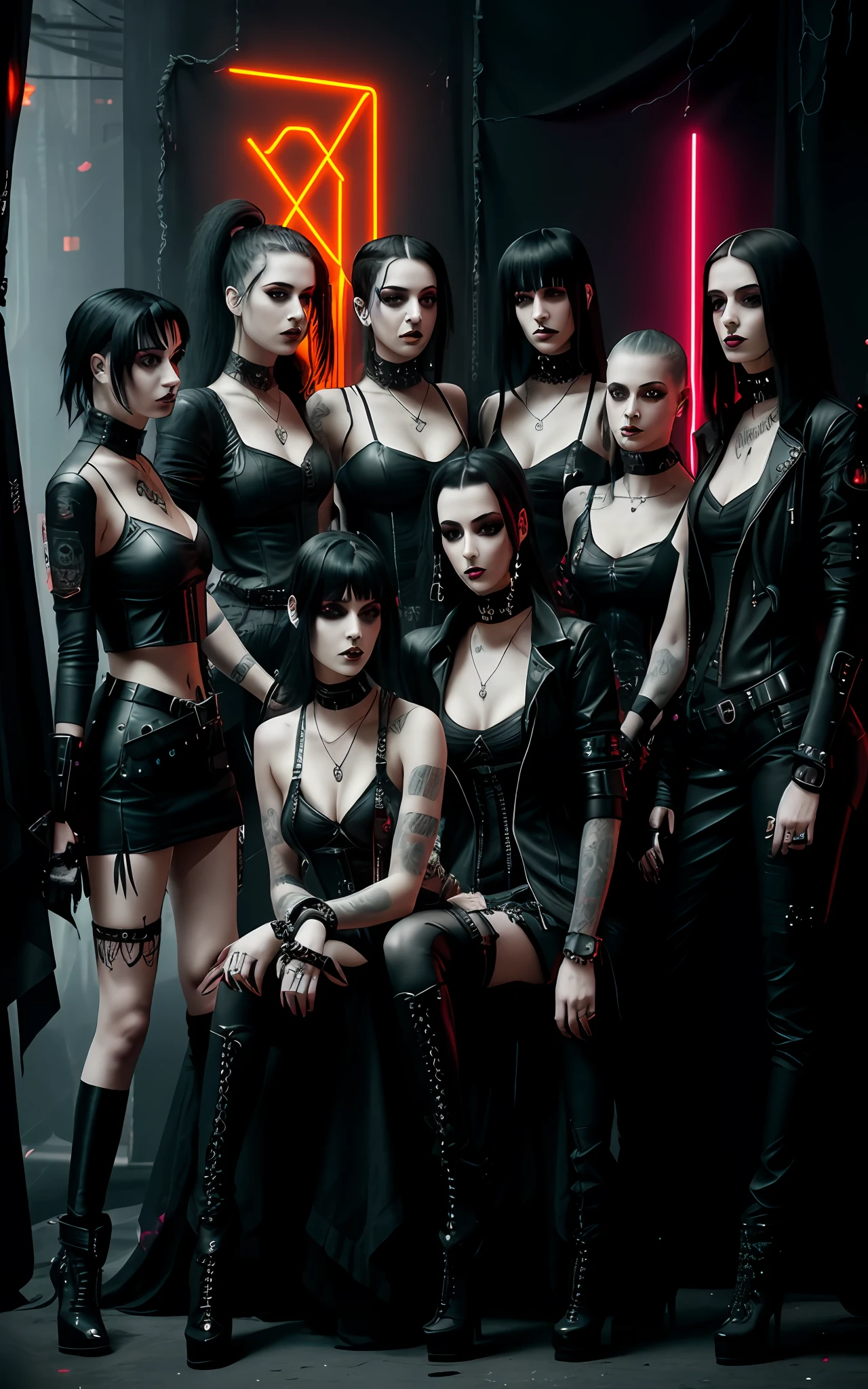 arafed image of a group of women in black leather outfits, all black cyberpunk clothes, seductive cyberpunk dark fantasy, gothic - cyberpunk, cyberpunk black metal band, gothic and futuristic, goth asthetics, goth style, gothic horror vibes, cyberpunk horror style, dark cyberpunk, hyper - goth, darkwave goth aesthetic, cyberpunk fashion clothing, goth aesthetic