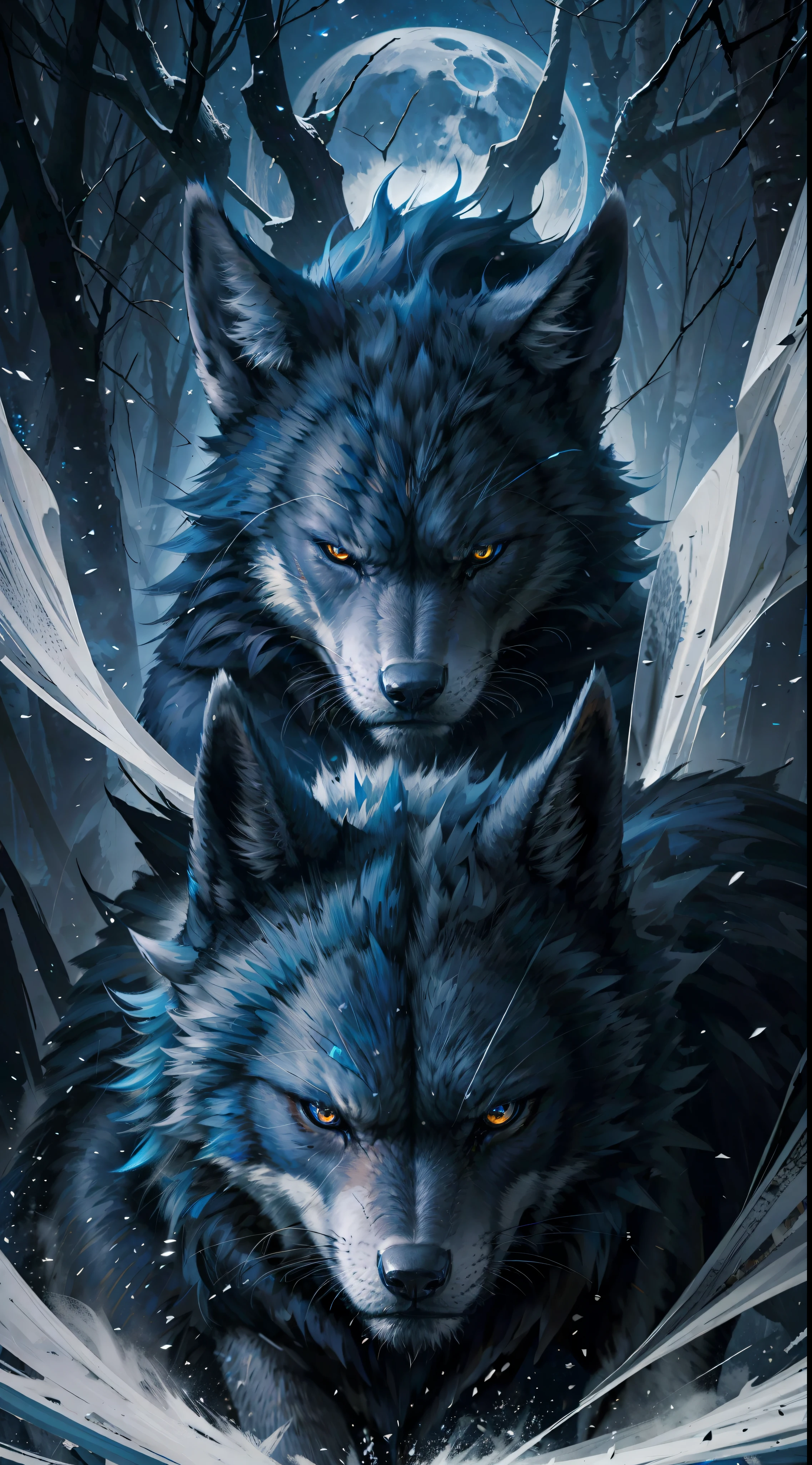 Black colored wolf "blue eyes", fierce, hunting, dangerous forest, midnight moon (detailed high resolution image), 1 angry, fearless wolf. Howling, big, powerful.
