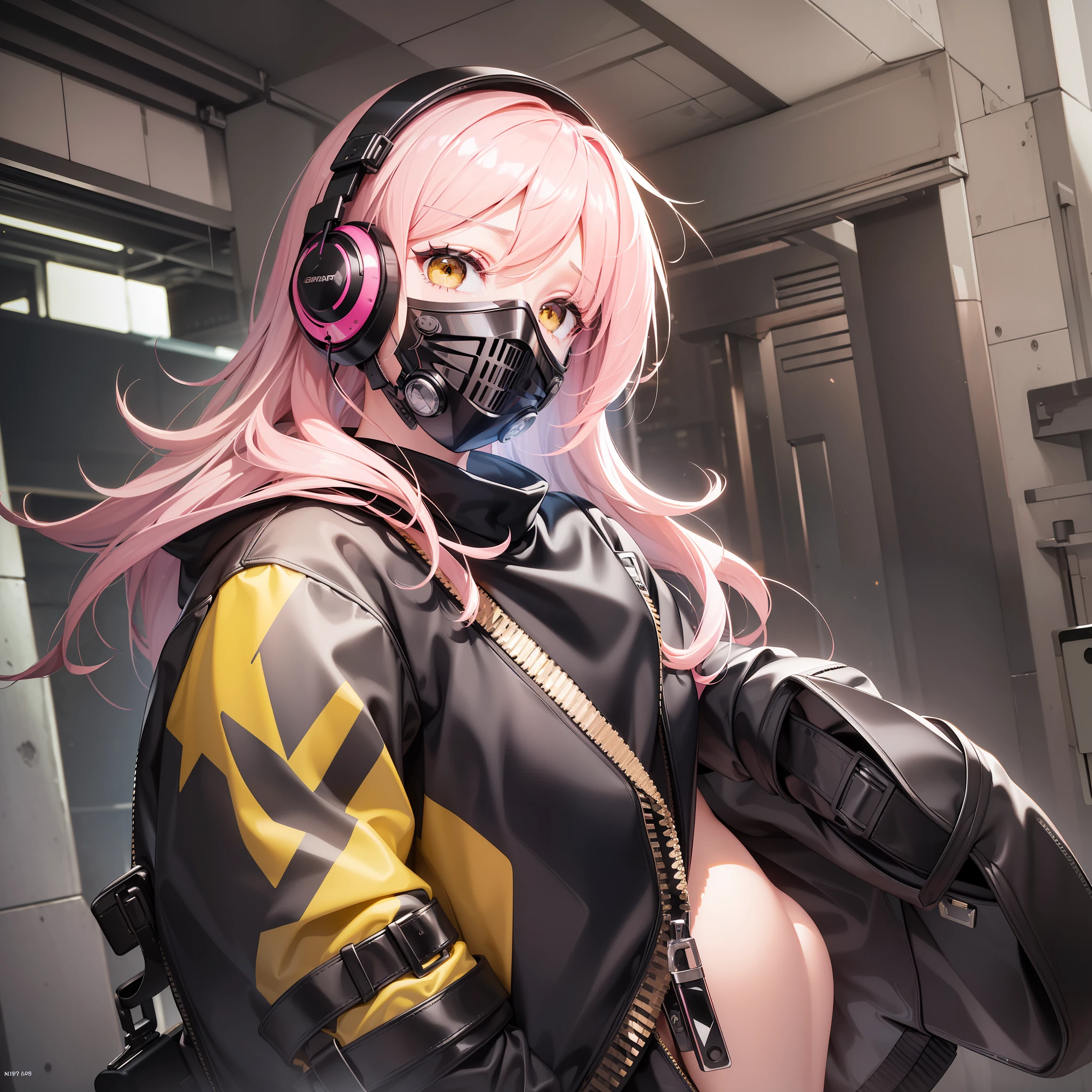 ((best quality,8k, masterpiece)) ((image without any deformation)),((sharp image))a girl,white skin pink cheek, bright yellow eyes, black color hair, black color jacket, sweatshirt, open jacket, pants,((mask covering mouth black color)),headphones,(((highly detailed image)))