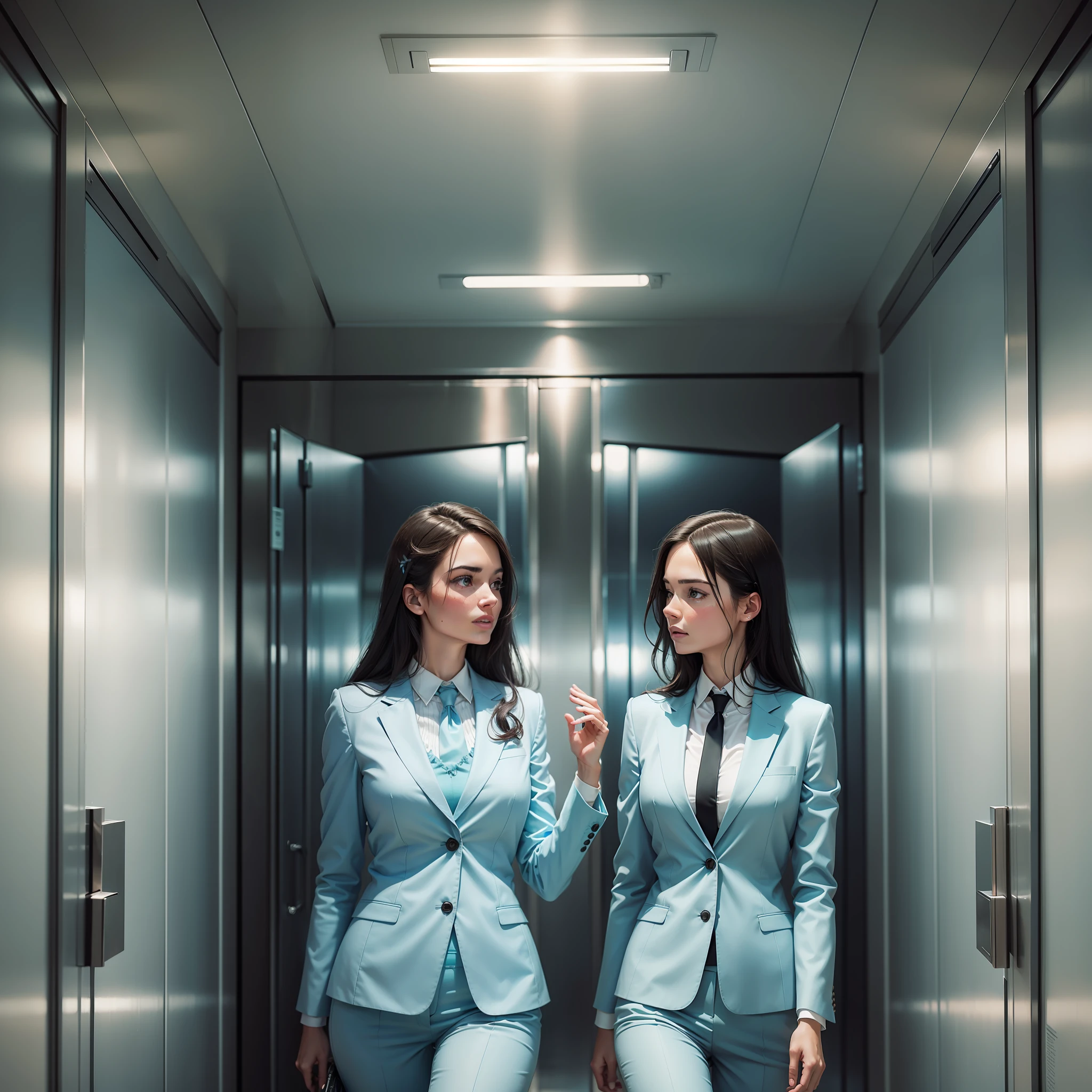 Realistic image of two women in baby blue suits exiting an elevator