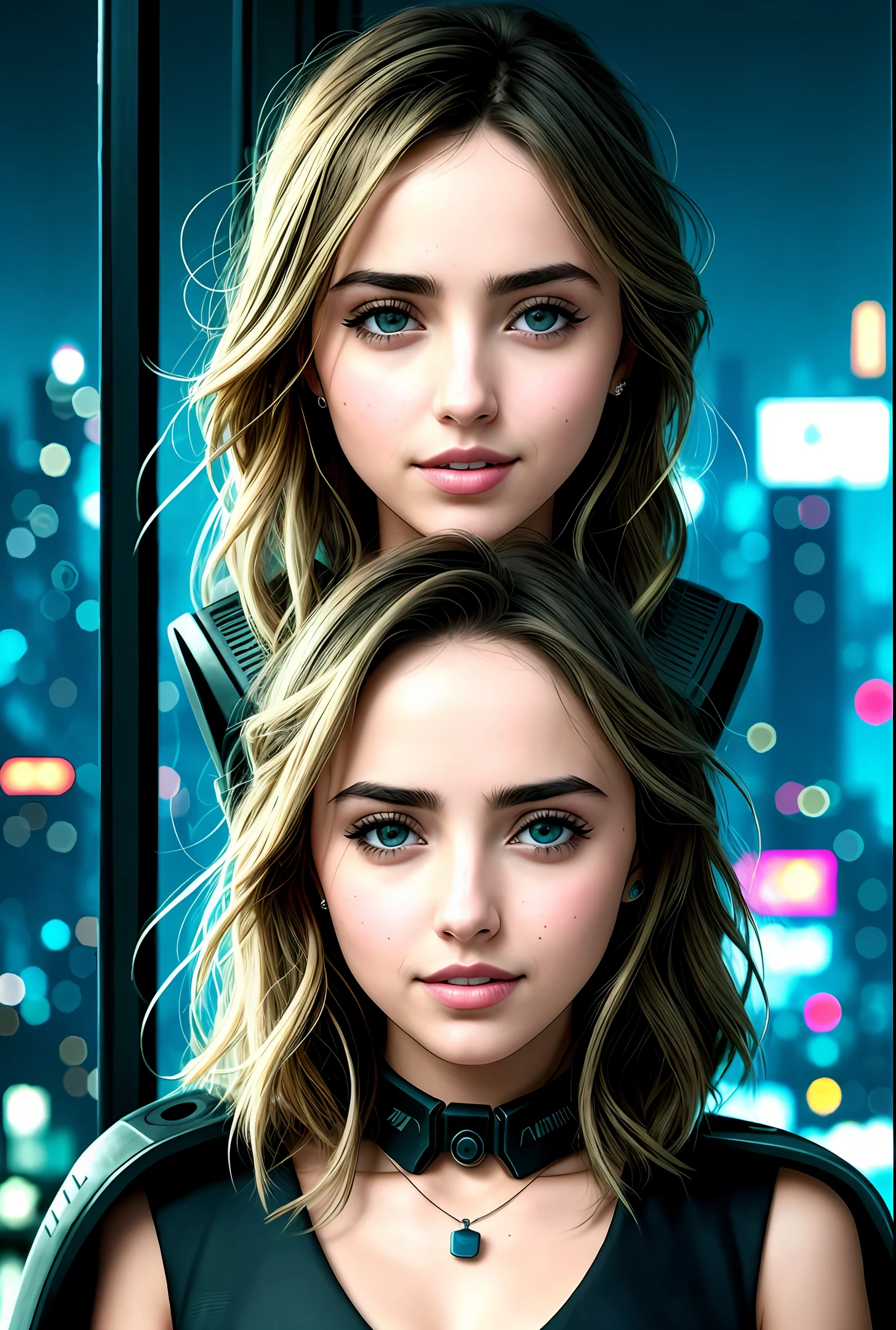 Ana de Armas, looking at the camera smiling, her eyes shining, in the background a cyberpunk city