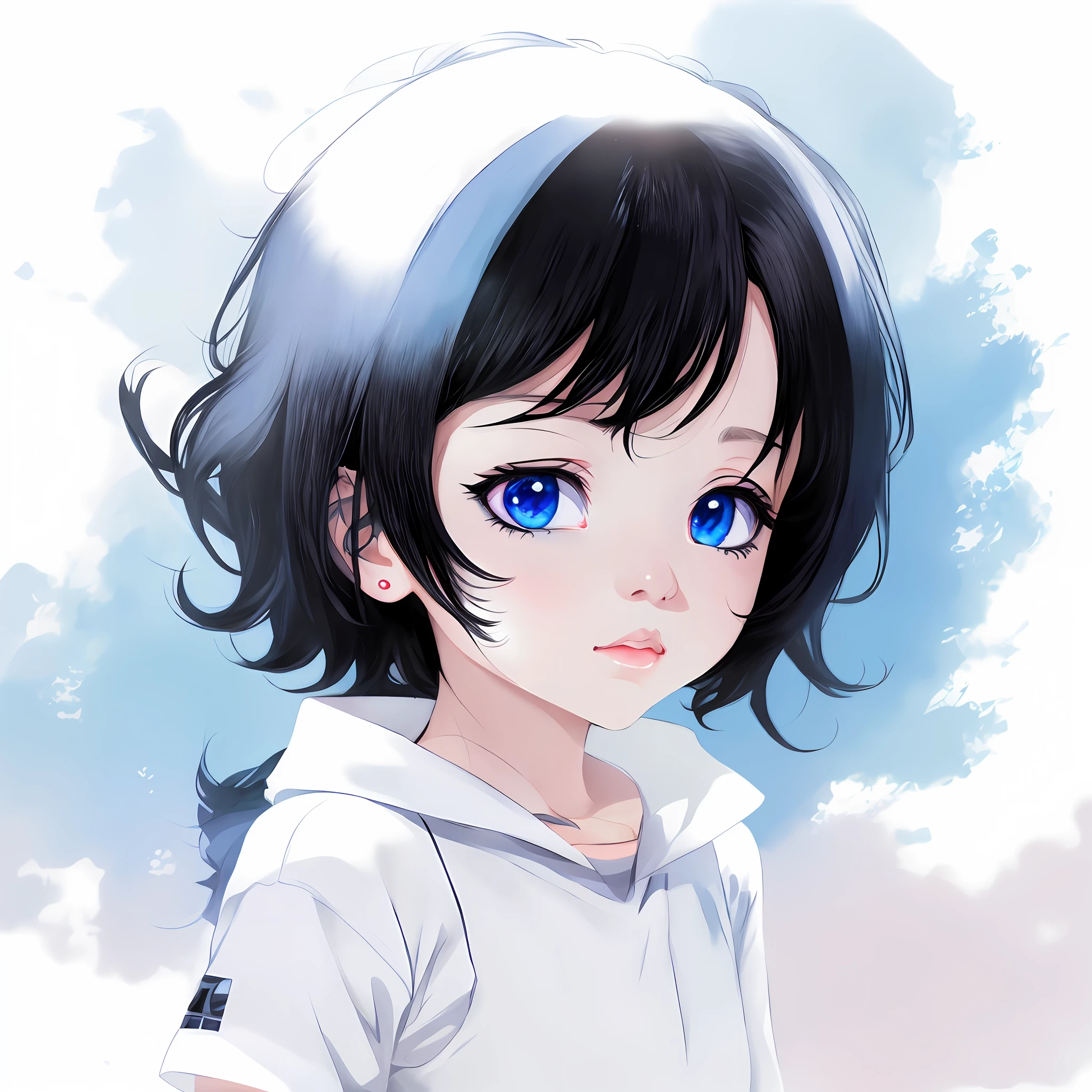 anime girl with black hair and blue eyes in white shirt, anime style portrait, artwork in the style of guweiz, kawaii realistic portrait, realistic anime artstyle, portrait anime girl, cute anime girl portrait, cute anime girl portraits, portrait of cute anime girl, anime realism style, realistic young anime girl, realistic anime art style, made with anime painter studio