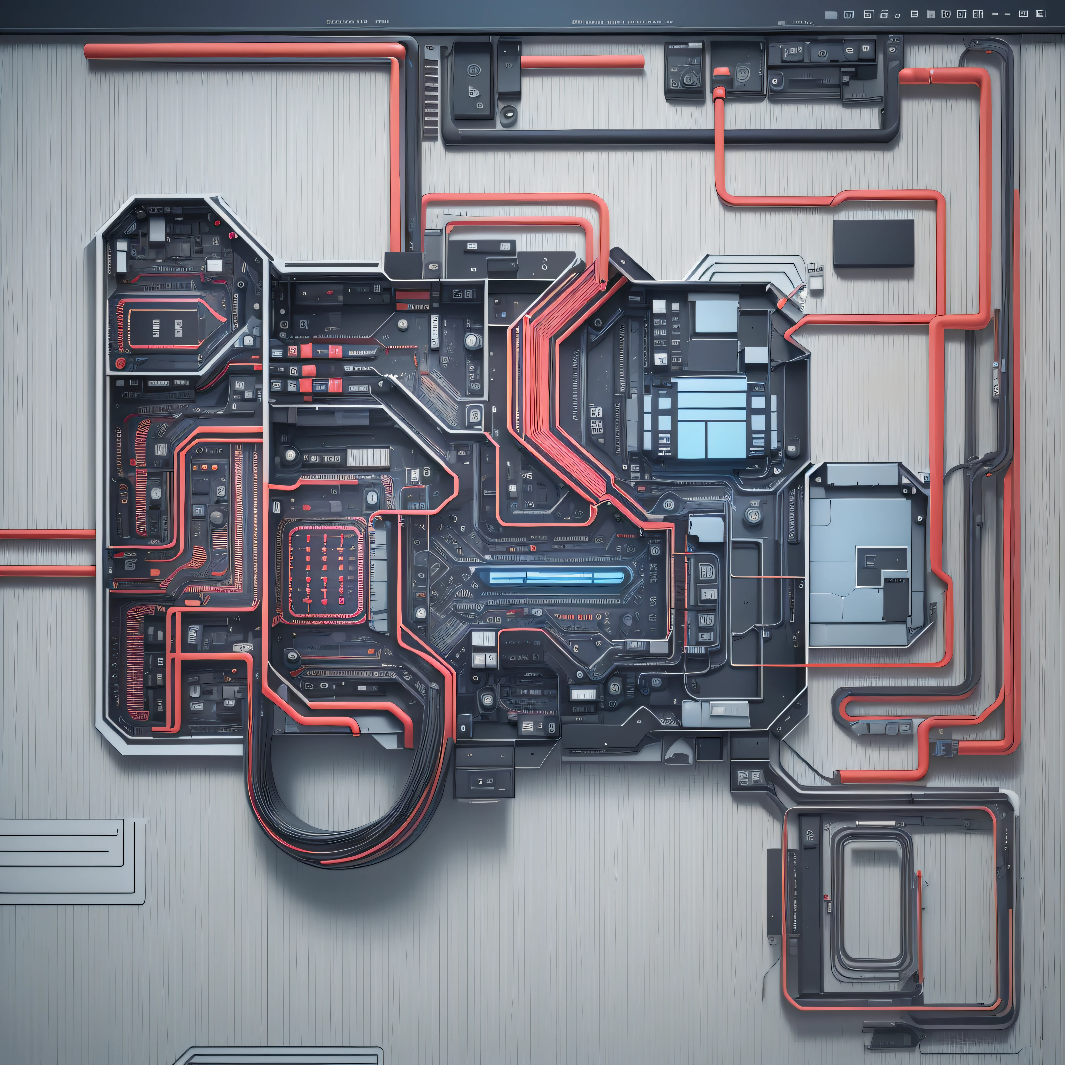 Computer circuits forming the plan of a house with the names of the rooms and their footage in less prominence. Use only the colors blue, black, white, and red --auto --s2