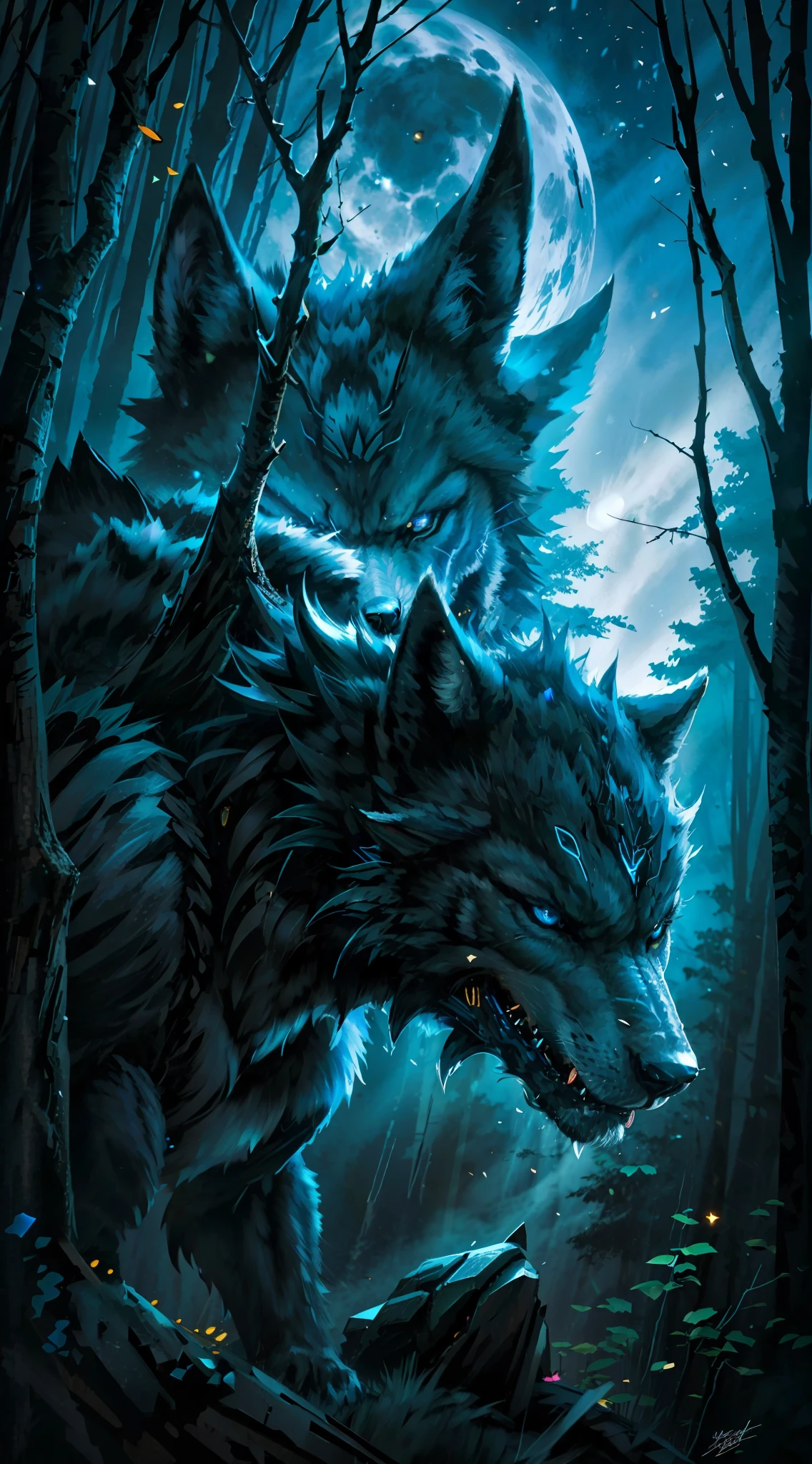 Black colored wolf "blue eyes", fierce, hunting, dangerous forest, midnight moon (detailed high resolution image), 1 angry, fearless wolf. Howling, big, powerful. Open forest, night, stars.