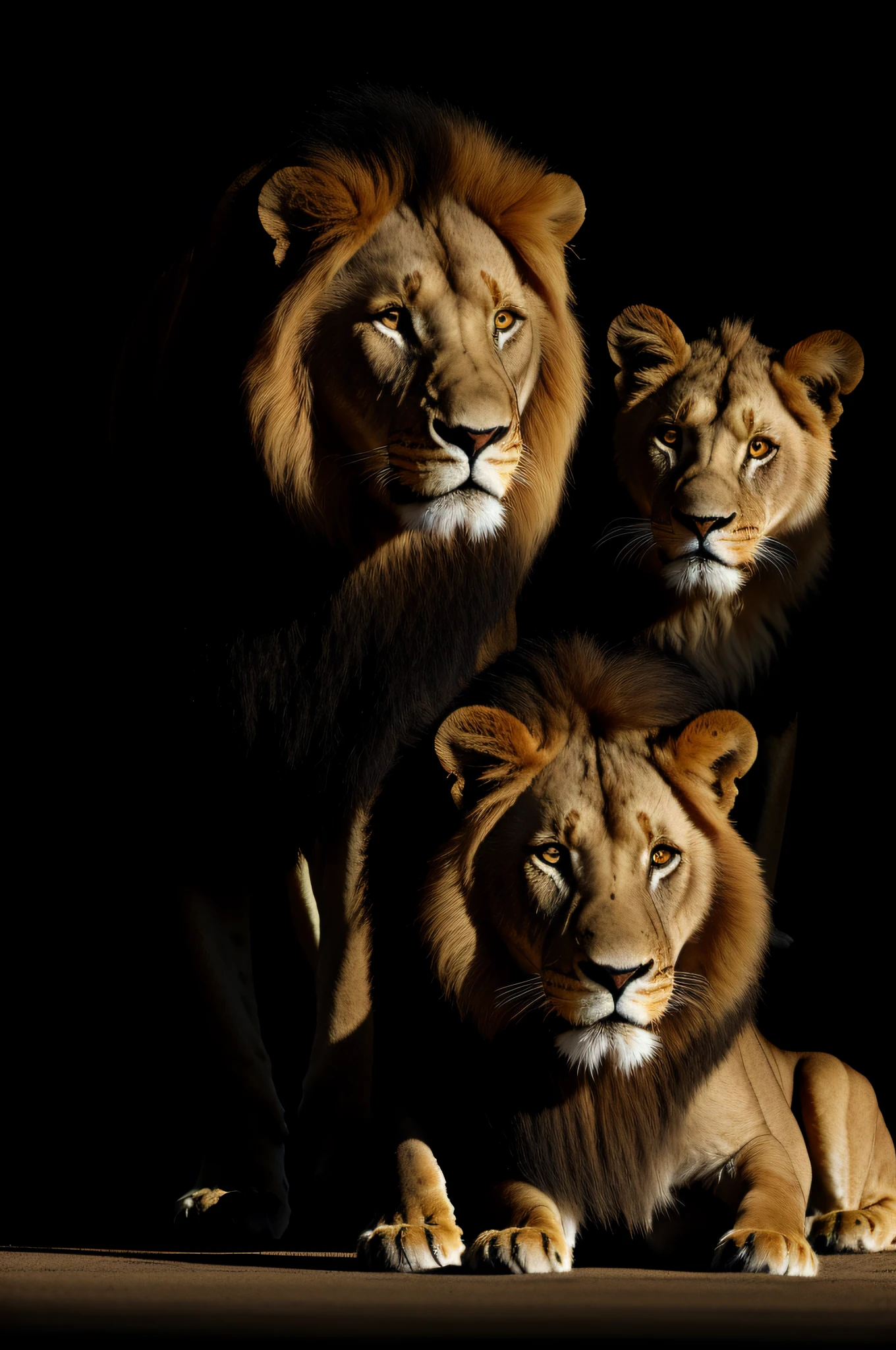 Imposing Lion with a cub in front of him looking eye to eye, backlit, dark background, dark theme, with a beautiful golden gold flower