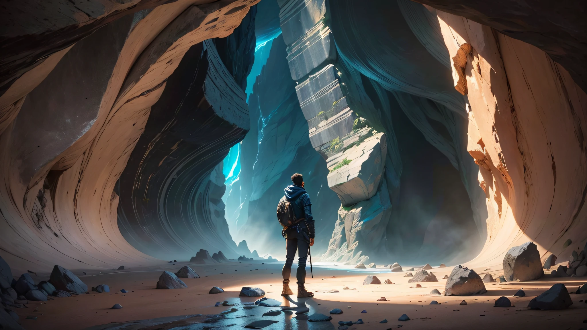 Generate an image depicting a confident person standing alone at the forefront of a dark cave. The cave should be depicted as a vast and imposing space, with rugged walls and an aura of mystery. The person should be portrayed as confident and fearless, facing the darkness with determination. Their posture should exude self-assurance, with their head held high and a resolute expression on their face. The lighting within the cave should be minimal, with only faint rays of light filtering through cracks in the rocks, casting subtle shadows. The atmosphere should be filled with a sense of solitude and introspection. Use contrasting colors to emphasize the contrast between the person and the surrounding darkness. The image should inspire a feeling of courage and resilience in the face of adversity, as the confident individual confronts the challenges of the cave with unwavering confidence. --auto --s2