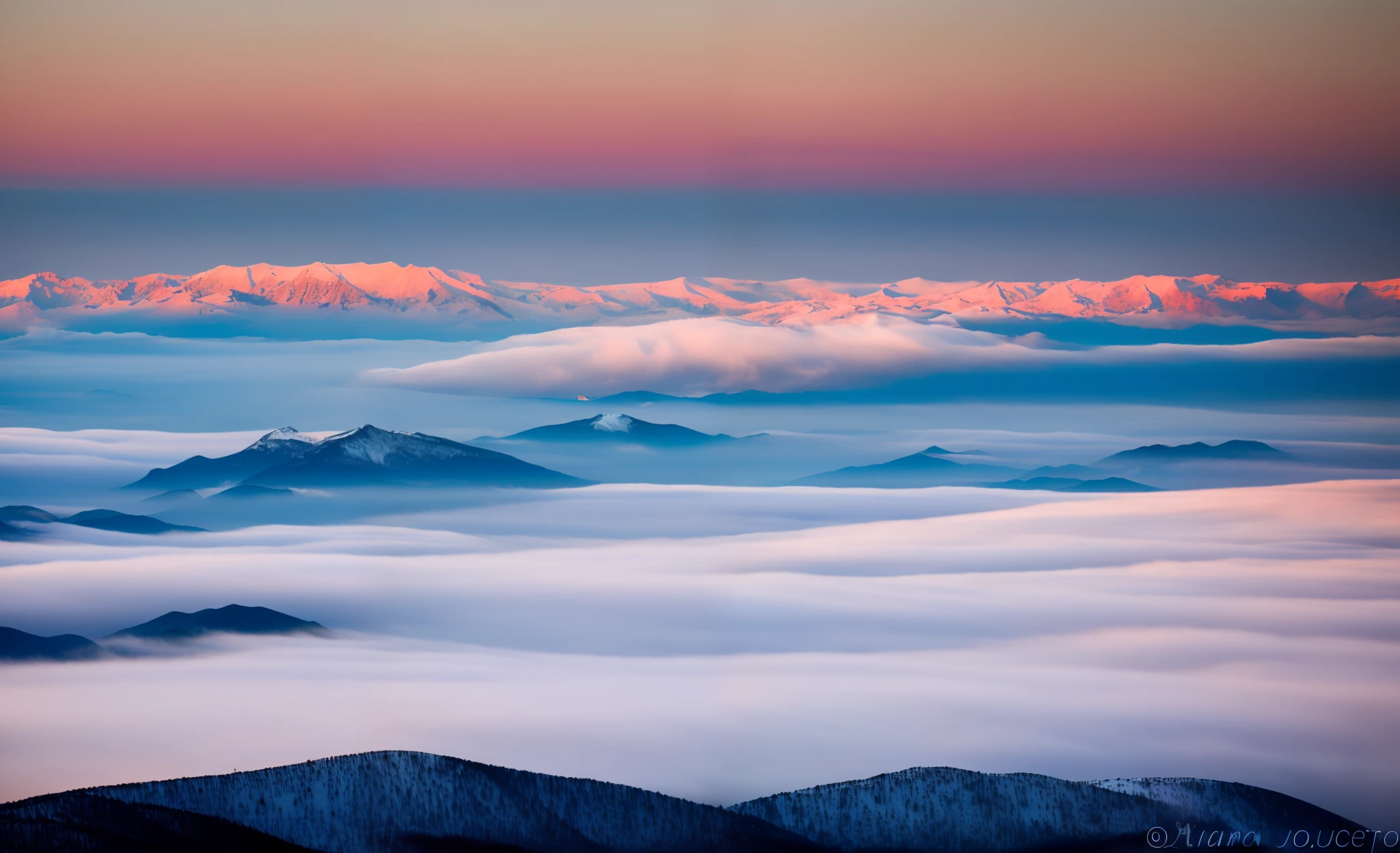 Sunset, snow, mountains, sea of clouds
