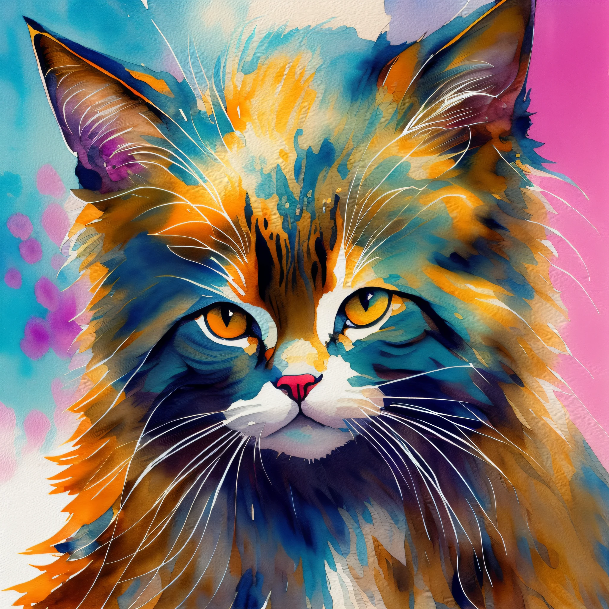 Stilo wtrcolor, digital art of (cat character), official art, frontal, smiling, masterpiece, beautiful, ((watercolor)), face painting, paint splashes, intricate details. Detailed and highly detailed eyes, [pinging: 0, 5], Trend in artstation, by Rachel Walker , Pop art, Pixar, anime style --auto --s2