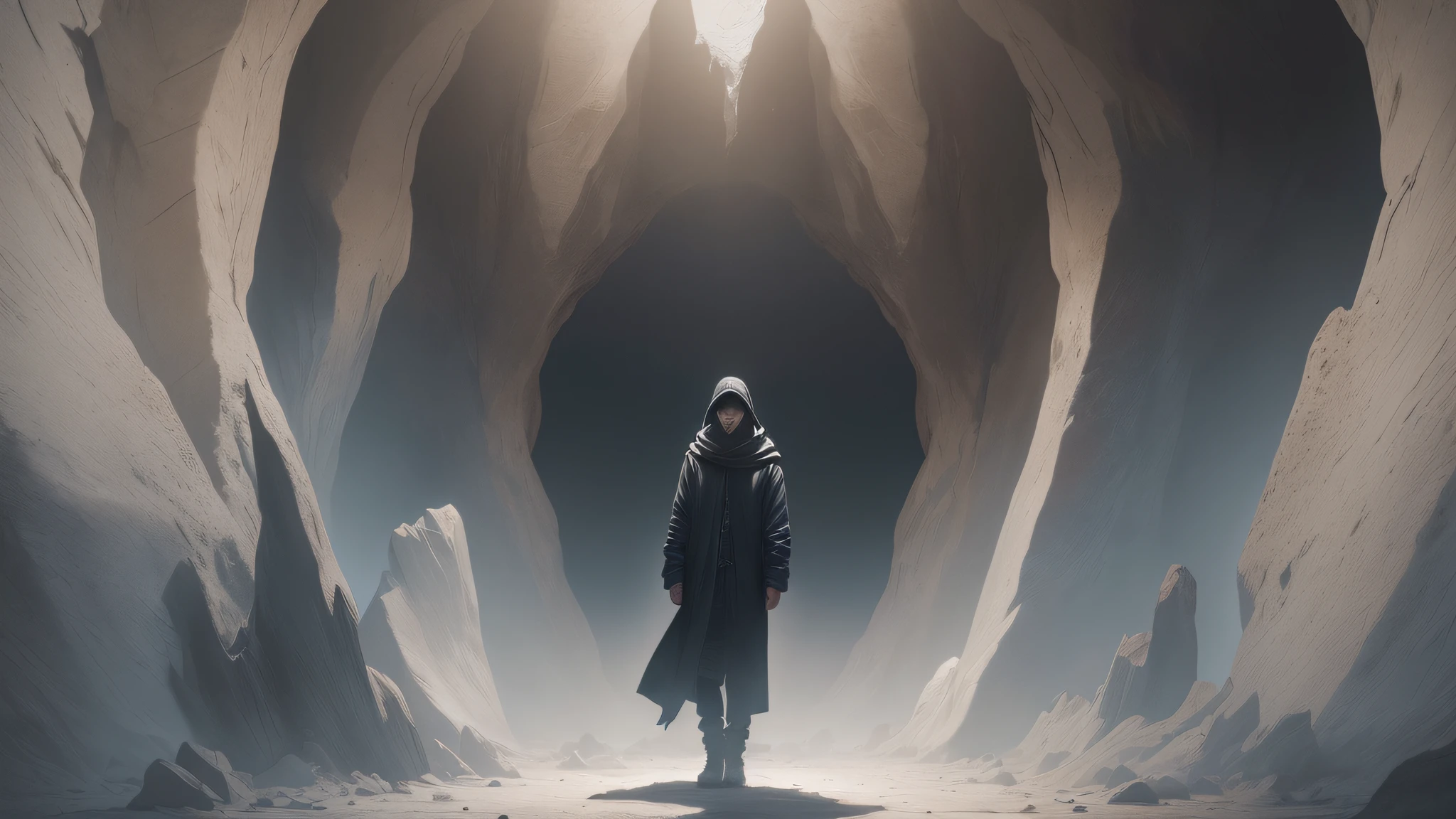 Generate an image focusing on the confident face of a person standing alone at the center of a dark cave. The cave should be depicted as a dimly lit, rugged environment, with the person positioned prominently in the frame. Zoom in on their face to capture their expression of unwavering confidence. Their eyes should reflect determination and resilience, while their facial muscles display a sense of calm and self-assuredness. The lighting within the cave should be minimal, casting intriguing shadows that add depth and intrigue to the scene. The atmosphere should evoke a mix of solitude and introspection, emphasizing the person's unwavering strength amidst the darkness. Use contrasting colors to draw attention to the person's face, making it the focal point of the image. The image should inspire viewers with a sense of unwavering confidence and the belief that one can find strength and resilience even in the most challenging and isolating circumstances. --auto --s2