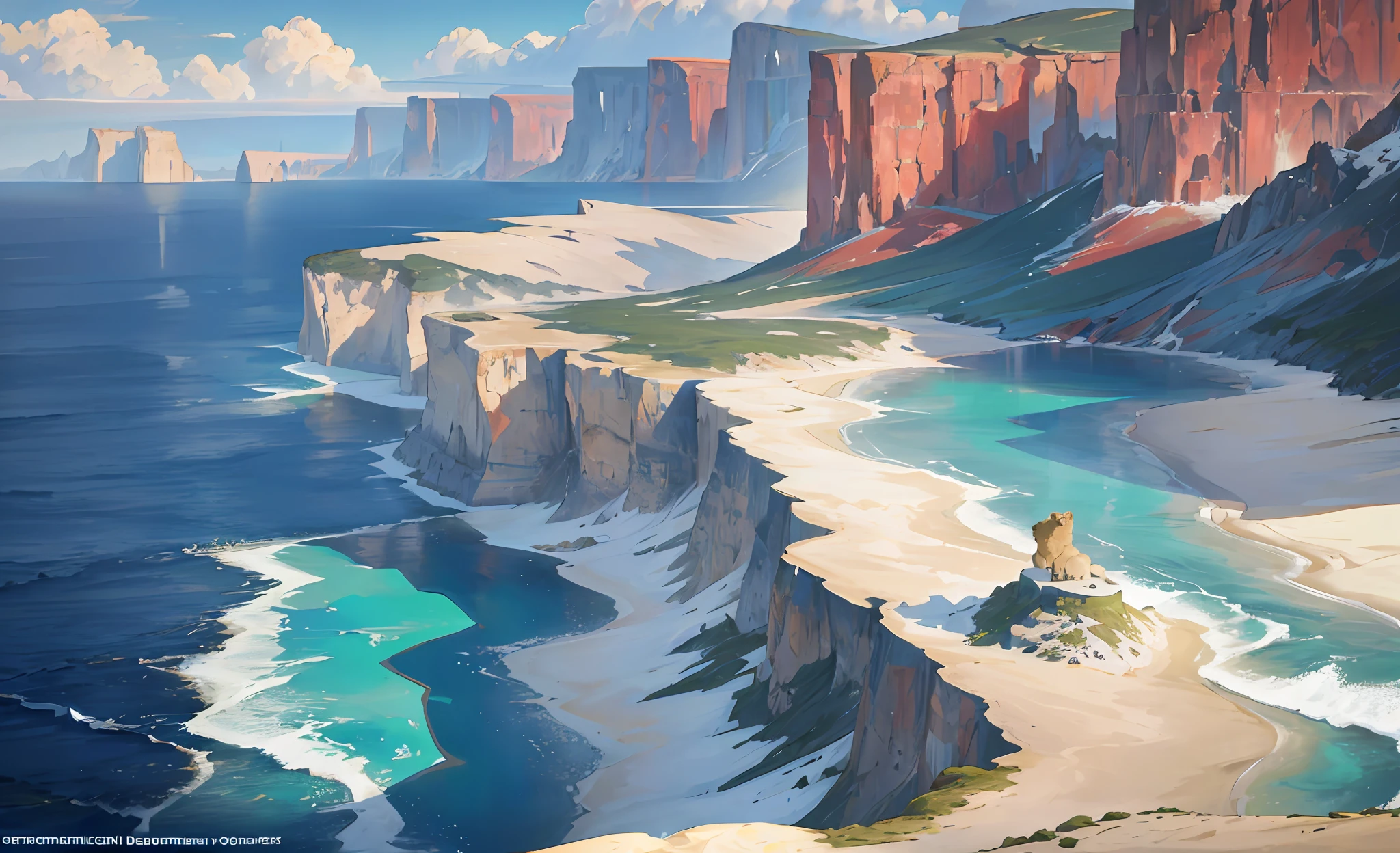 there is a lion sitting on a cliff overlooking the ocean, max rive, view of the ocean cliff, breathtaking landscape, by Alexander Kucharsky, by Etienne Delessert, alexey egorov, breathtaking landscape, epic matte painting of an island, epic scenic shot, epic and dazzling, ocean scene on the edge of the cliff, amazing landscape in the background, Breathtaking shot, amazing scenery --auto --s2