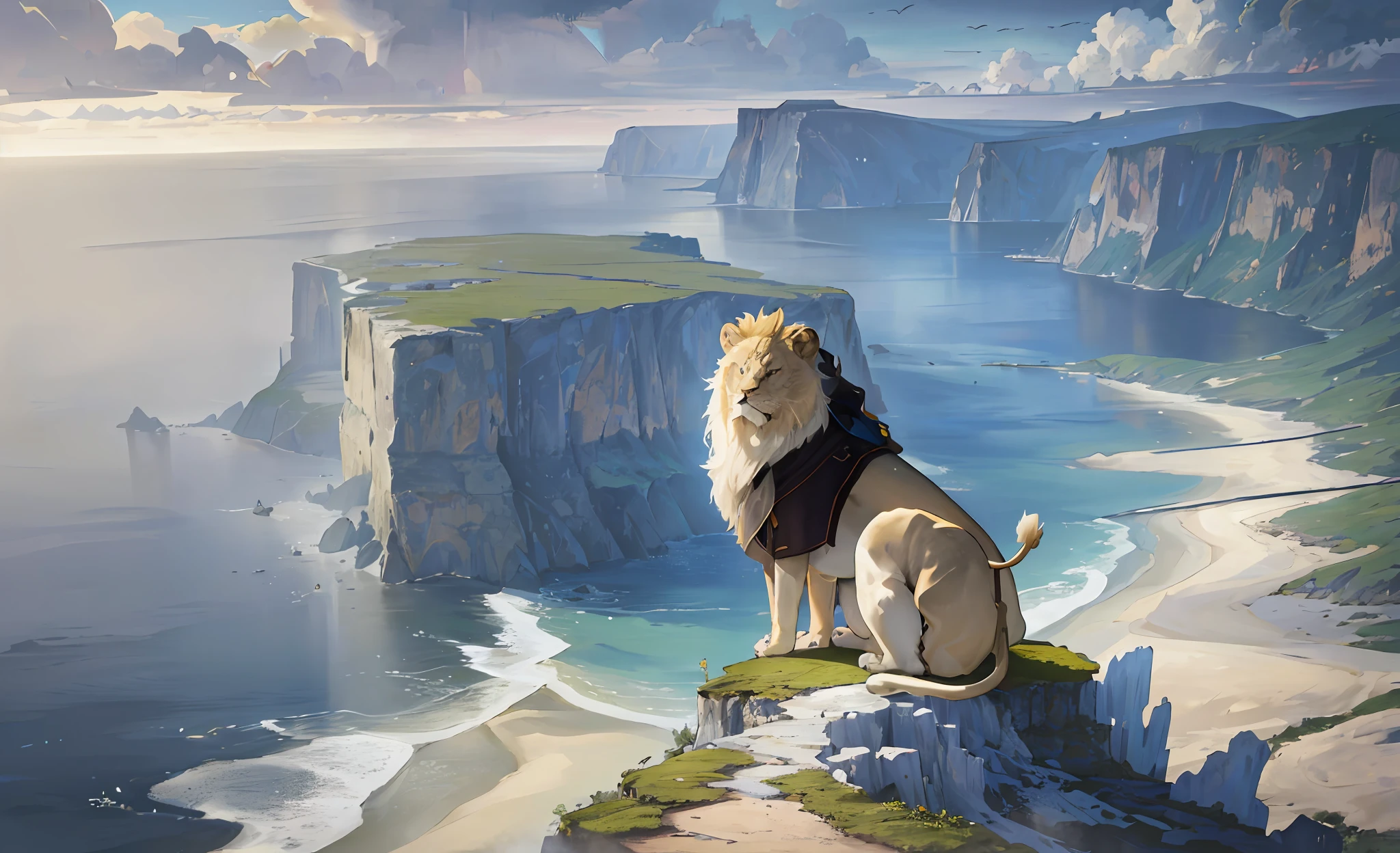 there is a lion sitting on a cliff overlooking the ocean, max rive, view of the ocean cliff, breathtaking landscape, by Alexander Kucharsky, by Etienne Delessert, alexey egorov, breathtaking landscape, epic matte painting of an island, epic scenic shot, epic and dazzling, ocean scene on the edge of the cliff, amazing landscape in the background,  Breathtaking shot, amazing scenery --auto --s2