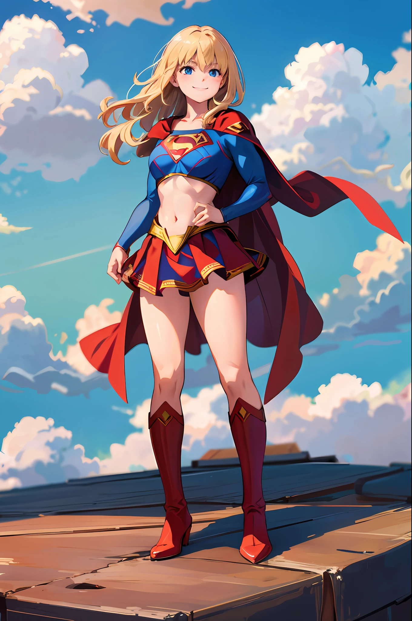 masterpiece, 4k, 8k, high quality, highly detailed, detailed face, HDR, vivid colors, natural lighting, Best Shadows, Shallow Depth of Field, Portrait of (Supergirl:1.1) standing on a rooftop, smiling, red skirt, red cape, red boots with heels, delicate, alluring blue eyes, lovely medium breasts, blonde, (Superman symbol on chest:1.2), bare legs, open navel, blue sky, sunlight, clouds, sun, bloom,