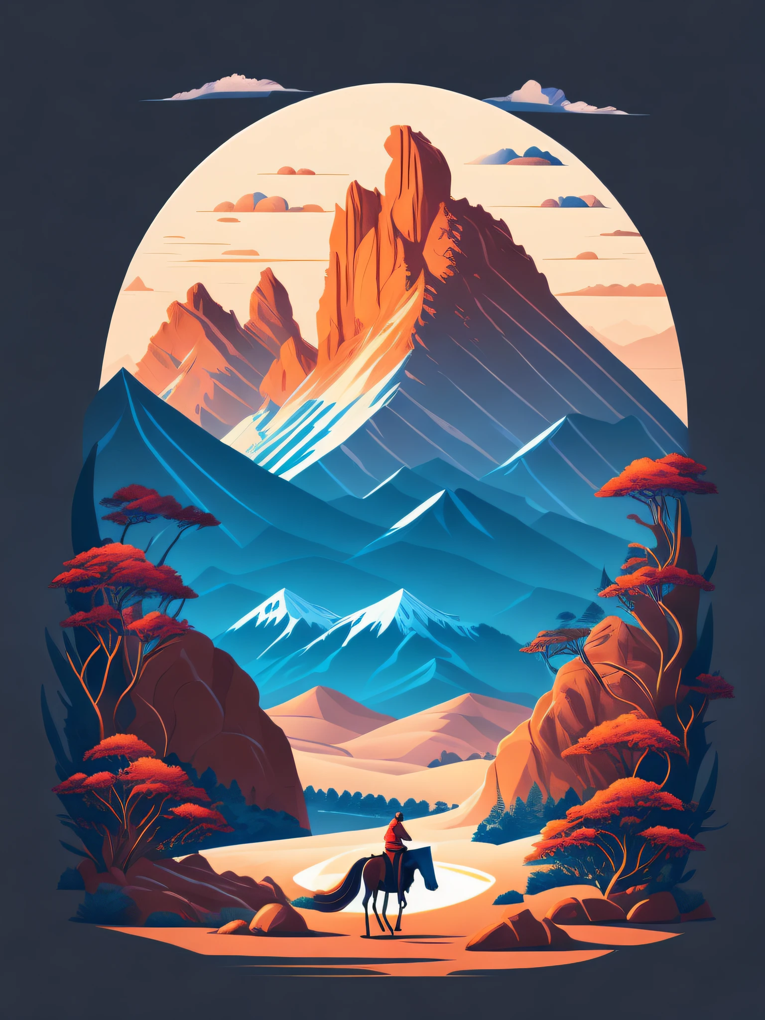 a horse-mounted caveleiro in a landscape, t-shirt design, rzminjourney, vector art