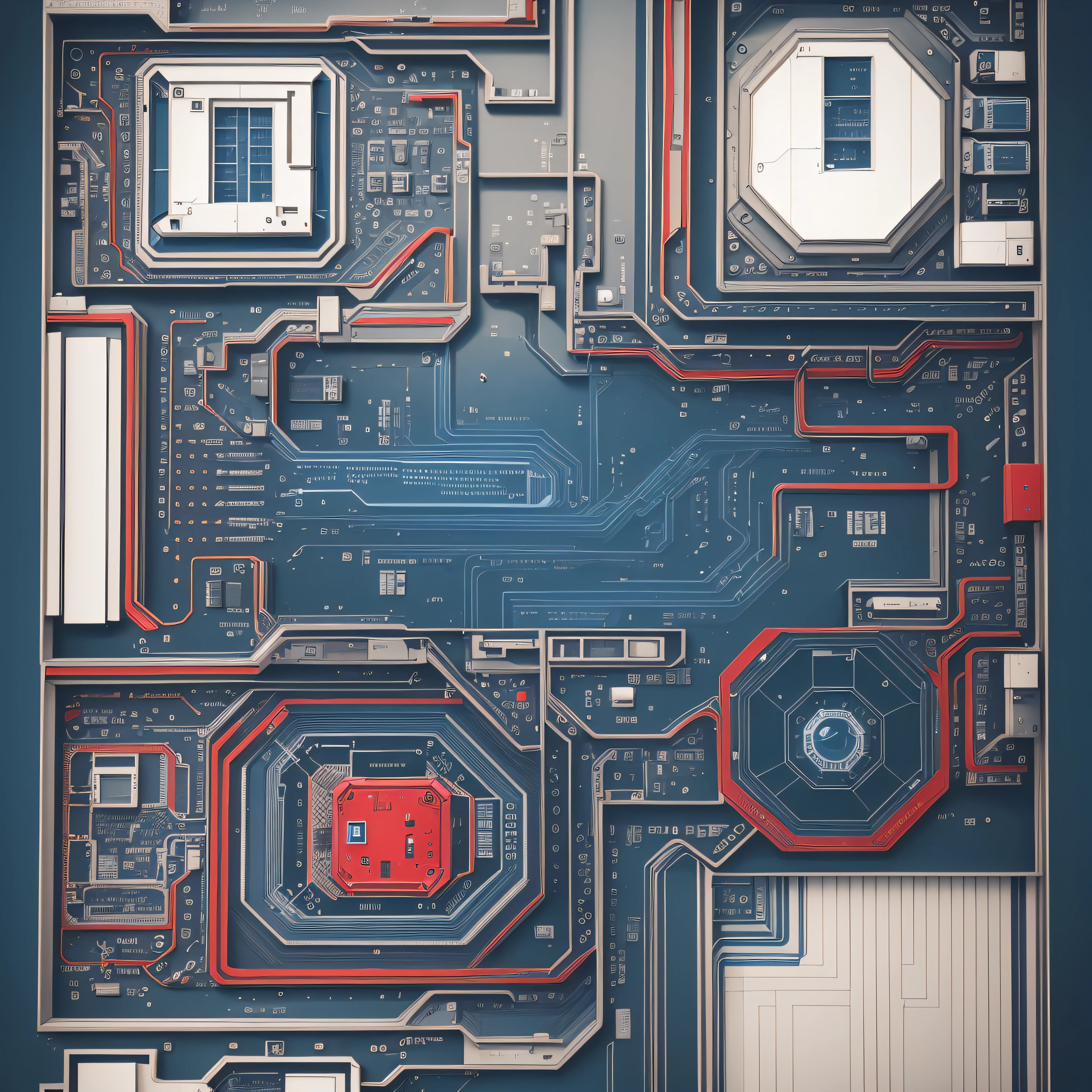 Computer circuits forming the plan of a house with the names of the rooms and their footage in less prominence. Use only the colors blue, black, white, and red --auto --s2