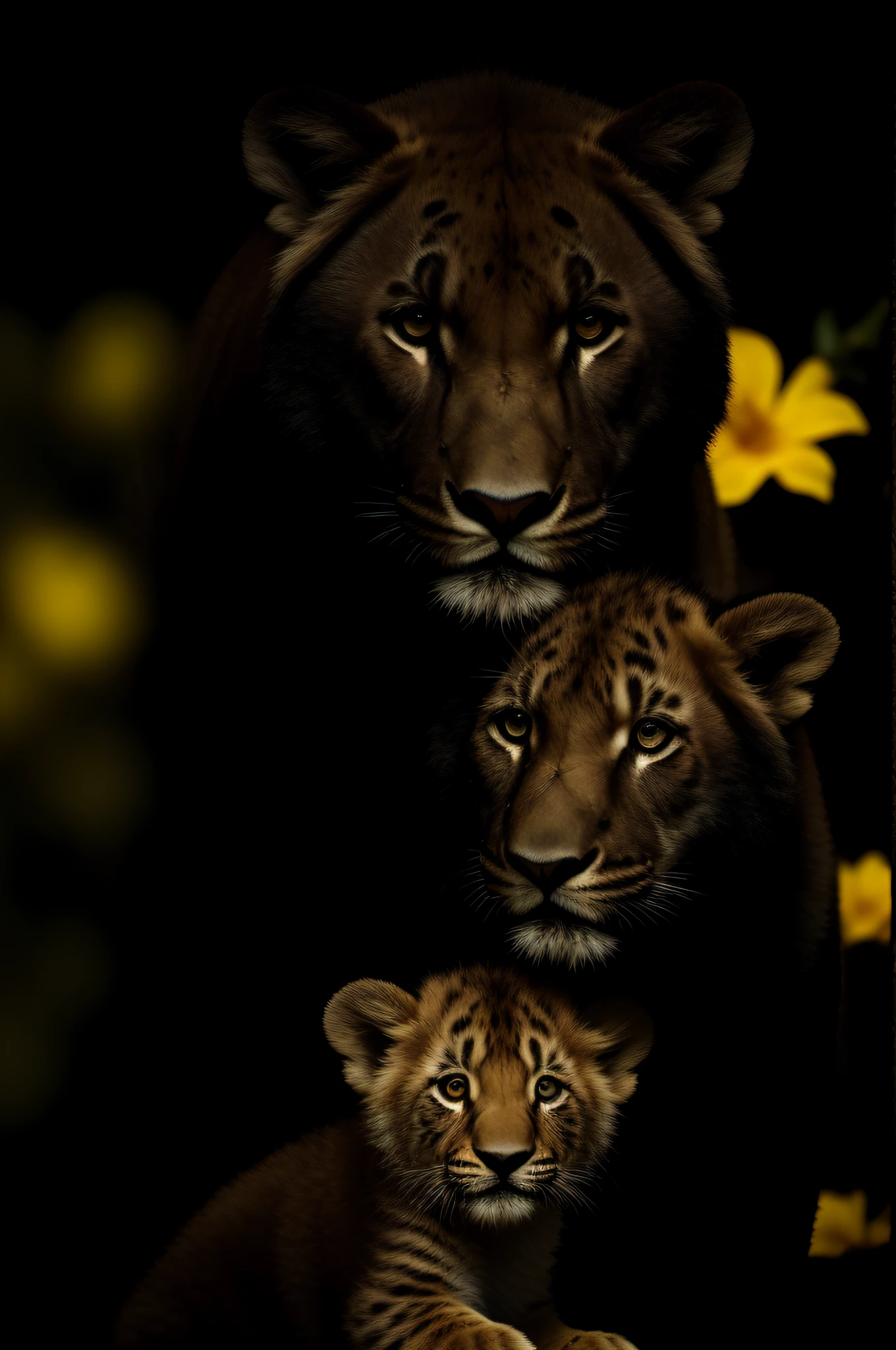 imposing Leo licking his cub in front of him looking eye to eye, backlit, dark background, dark theme, with a beautiful golden gold flower
