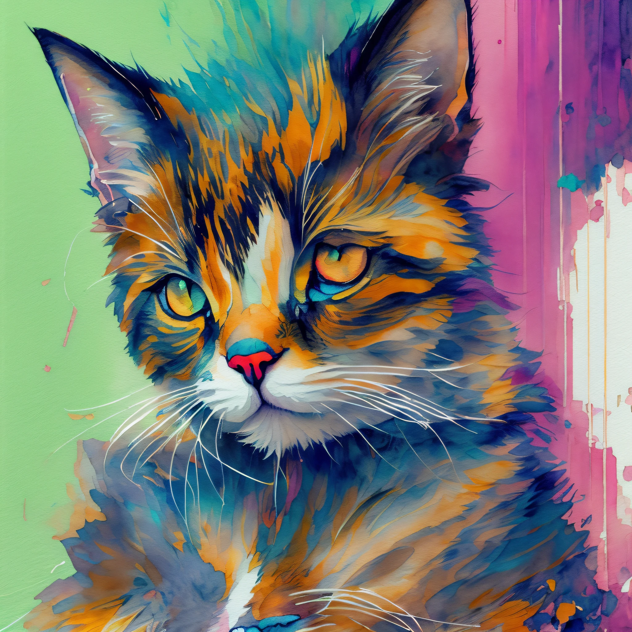 Stilo wtrcolor, digital art of (cat character), official art, frontal, smiling, masterpiece, beautiful, ((watercolor)), face painting, paint splashes, intricate details. Detailed and highly detailed eyes, [pinging: 0, 5], Trend in artstation, by Rachel Walker , Pop art, Pixar, anime style --auto --s2