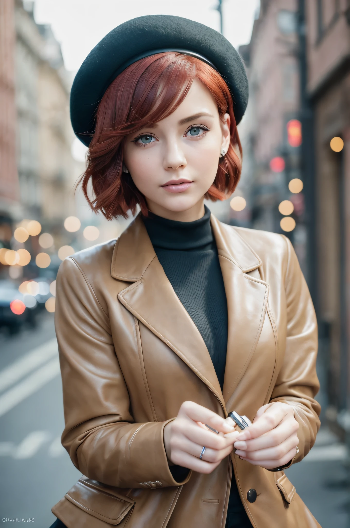 (masterpiece), (portrait), (aesthetic), (beautiful), (upper blody), (high quality), (aesthetic clothings), (professional angle), (rule of thirds), (Feminine), (woman), (female), (beautiful),(feminine features), (25 years), solo, 1 woman, (attractive German), Winter, Cold light, (Sitting), Chic Makeup, (Medium bust), ((holding a Pretzel)), (Side face), (Serious expression), ((Classic, Edgy)), Beret, ((Short hair)), (Red hair), (Bobbed hair), (Thick hair), Natural shine hair, (Hair Clip in hair), (Green eyes), (Sophisticated look), (Fair skin), (Leather clothing), (Turtleneck), (Blazer), (Trousers), Collar neckline), ((Urban background)), (- in background), (Medium Shot shot), beautiful hands, two hands, normal hands, two arms, complete hands, beautiful body, beautiful fingers, normal fingers, five fingers, five fingers, (Thumb index meddle ring little fingers), beautiful ears, normal ears, beautiful eyes, shiny eyes, beautiful mouth, beautiful lips,