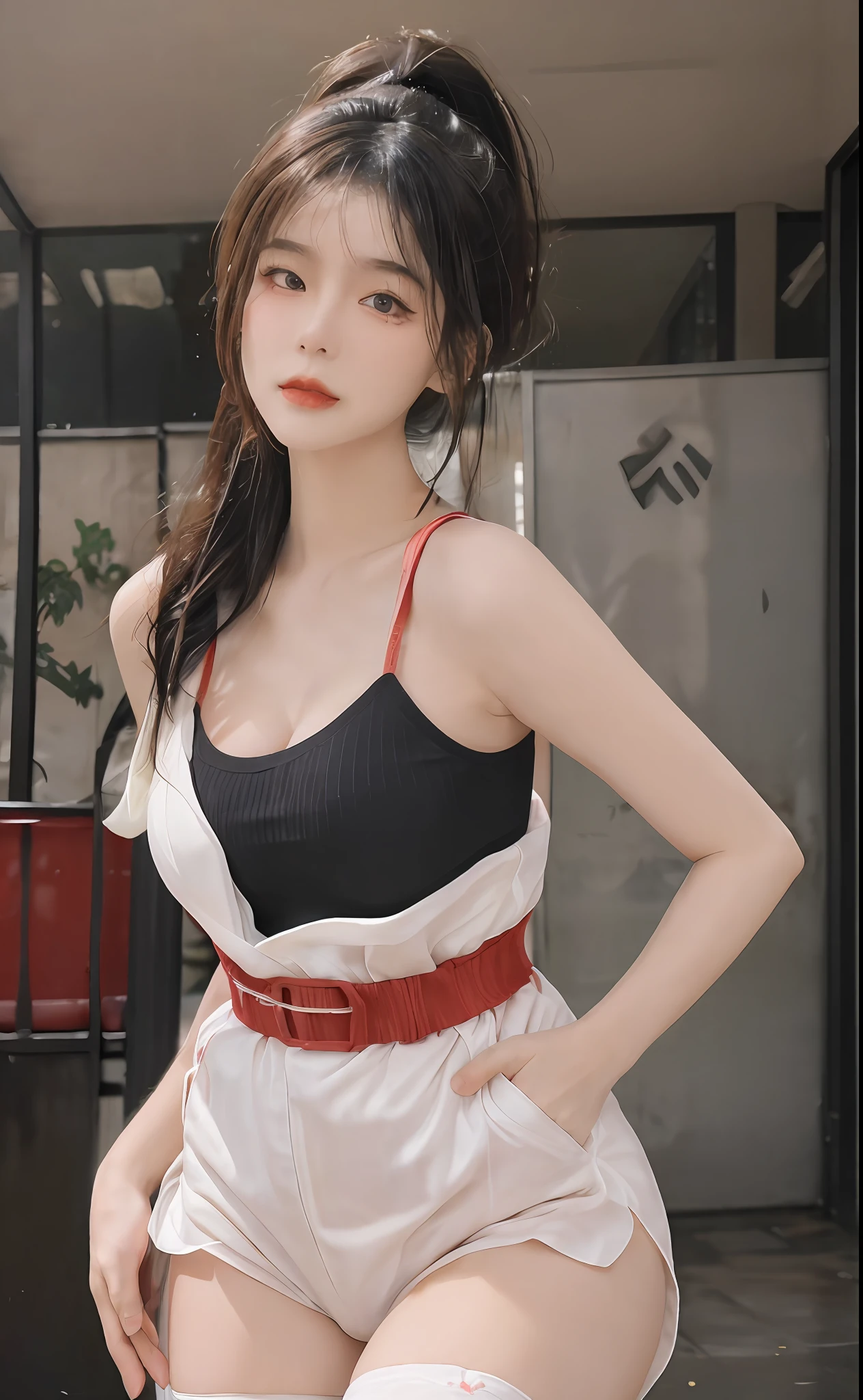 (masterpiece, realistic, high resolution), ((1 girl): 1.2), Korean, ((white wavy hair): 1.3), (heterochromic eyes: 1.1, thick eyebrows,), (medium breasts: 1.2, small waist, thighs), catwalk walk, masterpiece: 1.2, best quality), realism, (real pictures, rich detail details, depth of field), (1 girl, solo), makeup, high detail, perfect face shape, (: 1.4), (skin dents), thick thighs, wide hips, thin waist, high, coral, red lips, red eyes, ponytail, (sweat: 1.2), (wet), sexy, blush, (shy expression),  Vests, suspenders, belly pockets, stockings, fishnet socks,