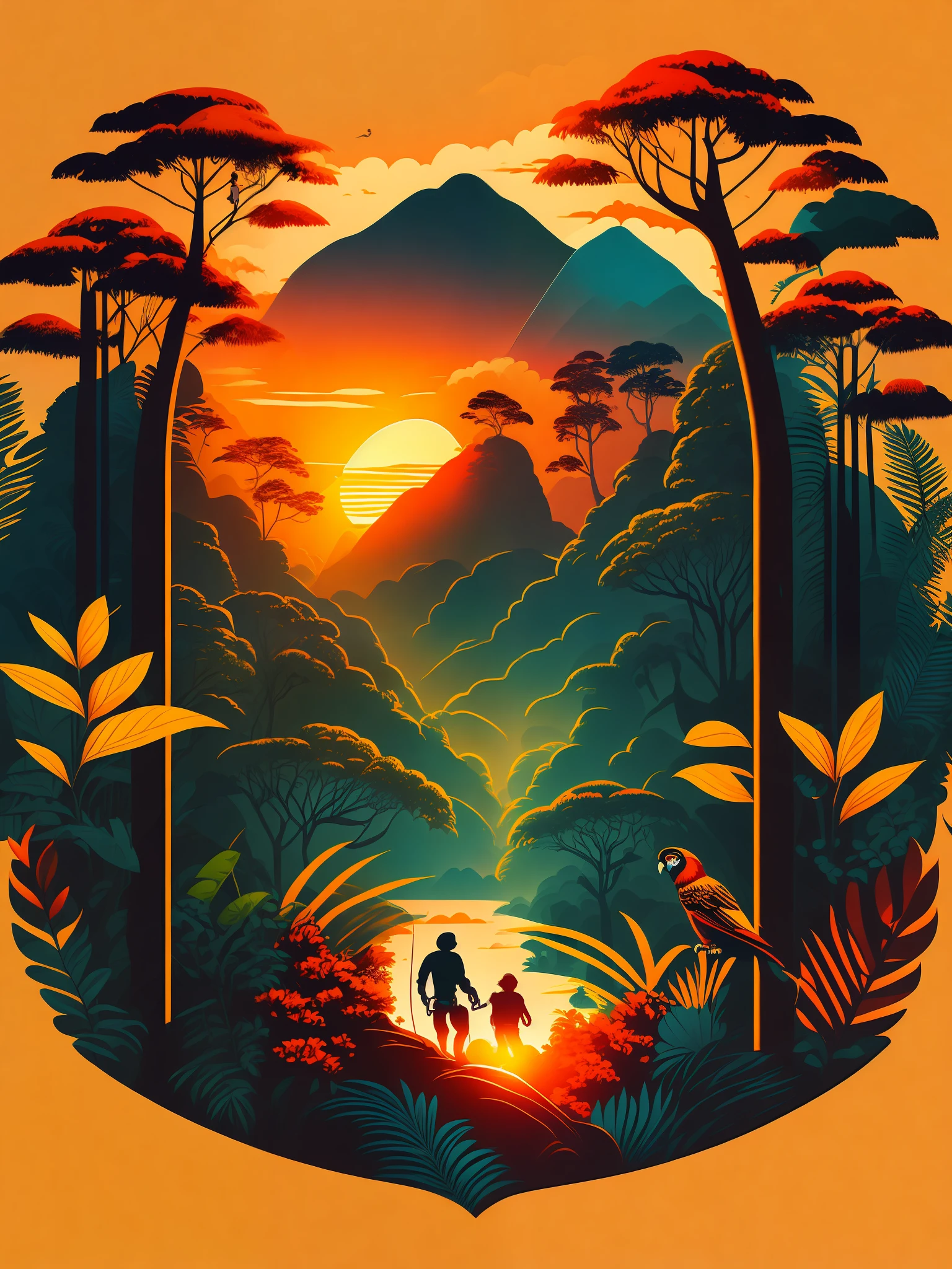 Amazon rainforest with climbing climber, sunset landscape, jaguars, macaws and monkeys in the landscape, T-shirt design, vector art,