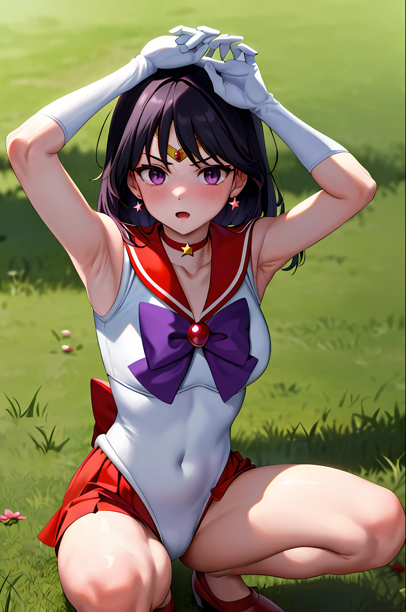 Masterpiece, Top Quality, Hi-Res, SAMA1, Tiara, Sailor Senshi Uniform, White Gloves, Red Sailor Collar, Star Choker, Elbow Gloves, Barefoot, Purple Bow, Field, Wariza, Grass, High Heels, Embarrassing, Blushing, ((Squatting on the Ground)), (Crotch wide open from side to side), Staring at the viewer, (Facing the front of the body to the viewer), (((Crotch wide open to the viewer)) , (shot from the front of the body), arms behind the head, showing off armpits, (perfect arms), (perfect feet)