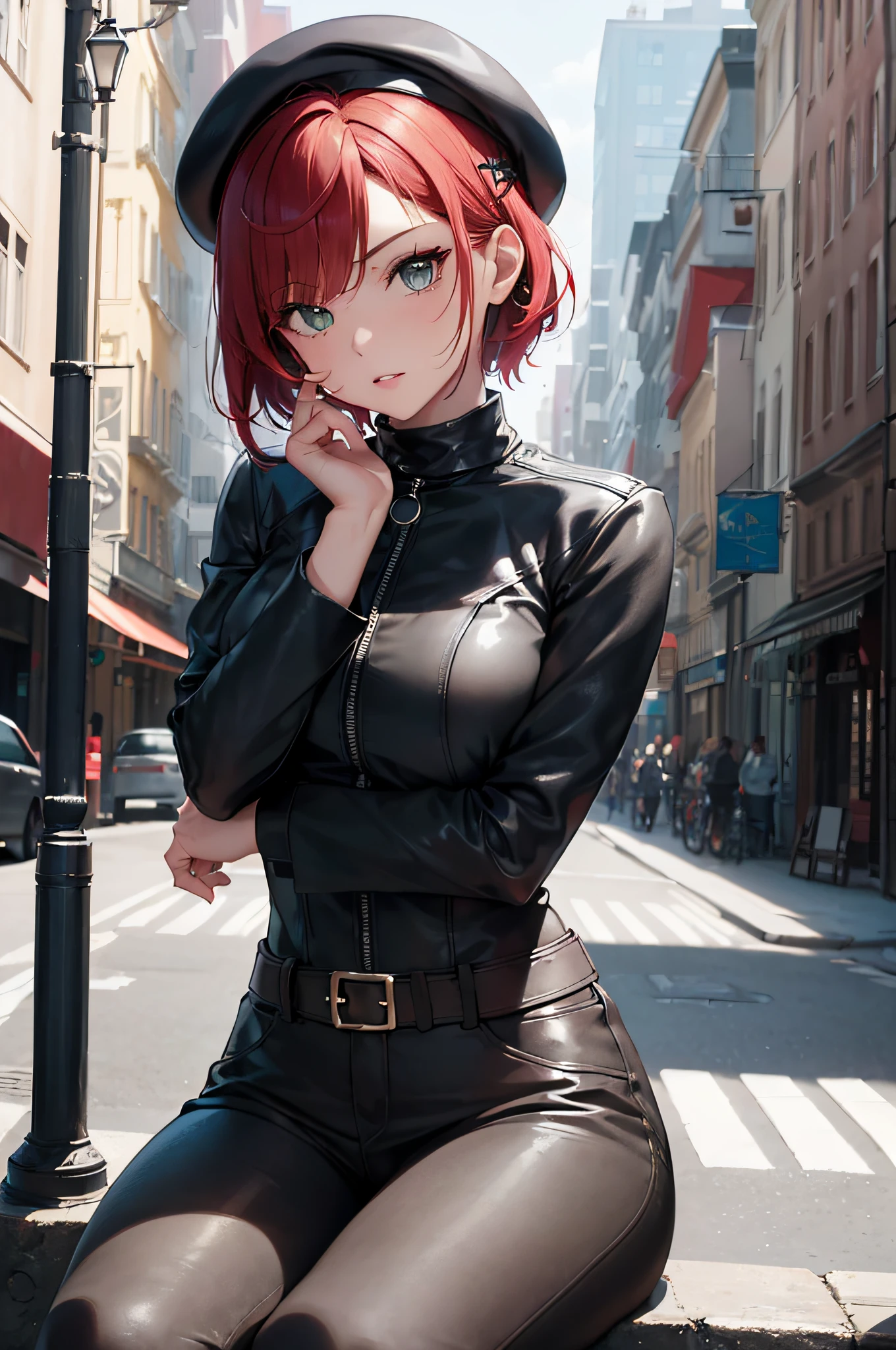 (masterpiece), (portrait), (aesthetic), (beautiful), (upper blody), (high quality), (aesthetic clothings), (professional angle), (rule of thirds), (Feminine), (woman), (female), (beautiful),(feminine features), (25 years), solo, 1 woman, (attractive German), Winter, Cold light, (Sitting), Chic Makeup, (Medium bust), ((holding a Pretzel)), (Side face), (Serious expression), ((Classic, Edgy)), Beret, ((Short hair)), (Red hair), (Bobbed hair), (Thick hair), Natural shine hair, (Hair Clip in hair), (Green eyes), (Sophisticated look), (Fair skin), (Leather clothing), (Turtleneck), (Blazer), (Trousers), Collar neckline), ((Urban background)), (- in background), (Medium Shot shot), beautiful hands, two hands, normal hands, two arms, complete hands, beautiful body, beautiful fingers, normal fingers, five fingers, five fingers, (Thumb index meddle ring little fingers), beautiful ears, normal ears, beautiful eyes, shiny eyes, beautiful mouth, beautiful lips,