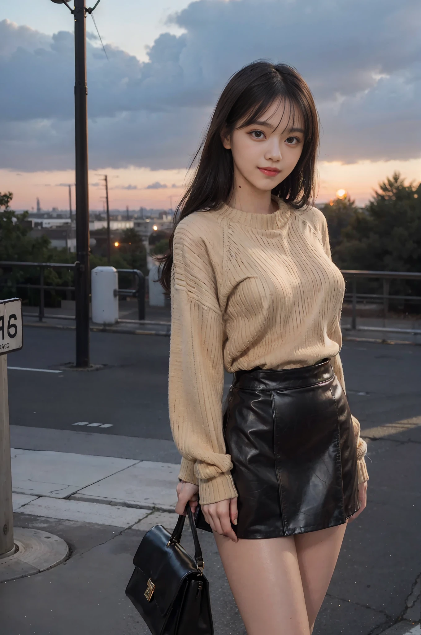 masterpiece,raw,beat_quality,(((Young fashion woman wearing brown sweater and black leather miniskirt))),light makeup,crying and smiling,black boots,slender,white skin,pearl skin,confidence,fine facial details,beautiful face,big eyes,elegant black hair,character is close to the lens,standing in the photo,photo,medium hair,clean sky, Some clouds, dusk, film lights, full-featured, shabby factory, the environment has many details, bright colors, bright pupils, perfect female figure, breeze blowing, train is driving, stairs, sunset, sunlight illuminates the sides, there are tourists in the background, a sense of drama, old buildings