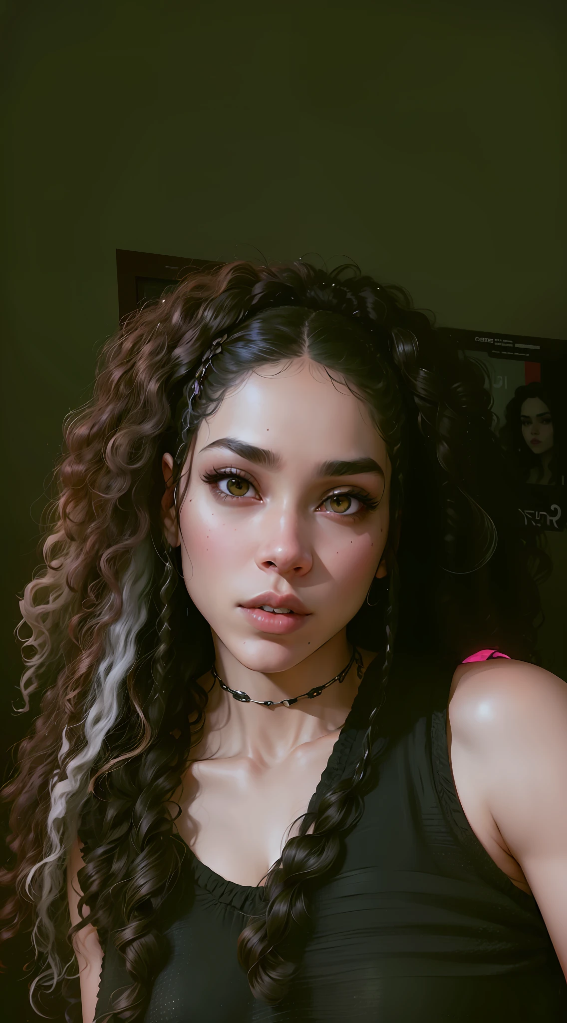 arafed woman with long curly hair and a black top, with haunted eyes and curly hair, headshot profile picture, tessa thompson inspired, she looks like a mix of grimes, profile image, half portrait, 1 7 - - old h girl, goth vibe, mixed race, mixed styles, her face framed with curls, mixed race woman