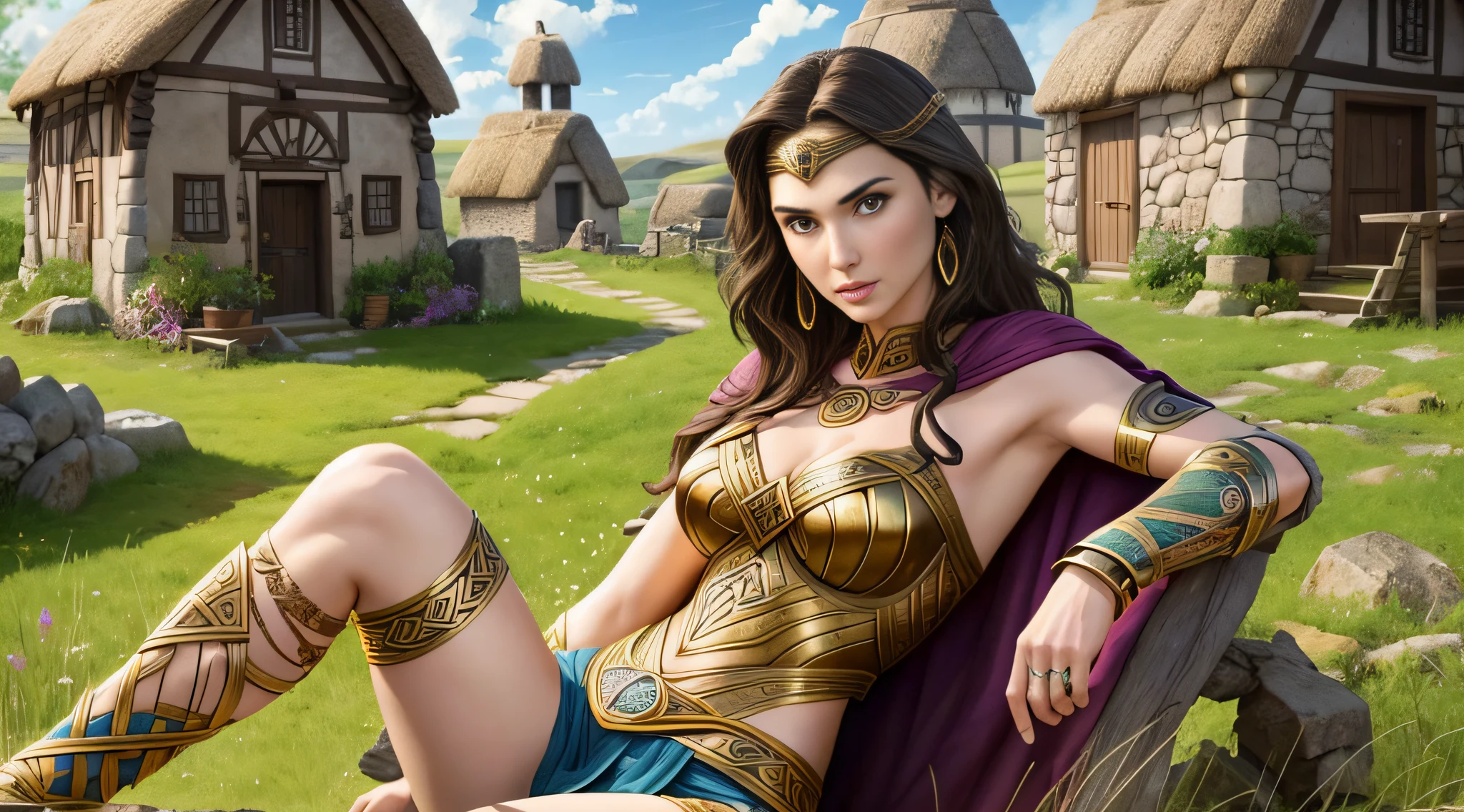Gal Gadot is a very beautiful woman, a Viking warrior sitting in the middle of a Celtic village, golden clothes, Celtic tattoos for the body. Cartoon style, colorful, two-dimensional