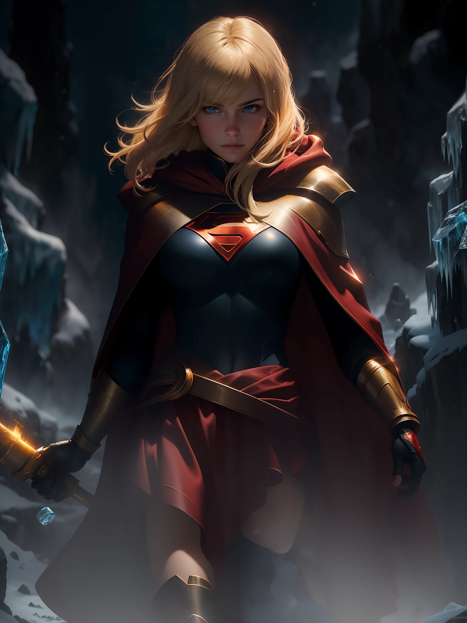 movie scene, dark, close-up half-length, blonde hair, short hair, hair, bangs, movie scene, cold, ice, big ice crystals, cowboy shot, action, strong, beautiful, super girl dc comics, skirt, red and gold cloak, energy, action, impactful