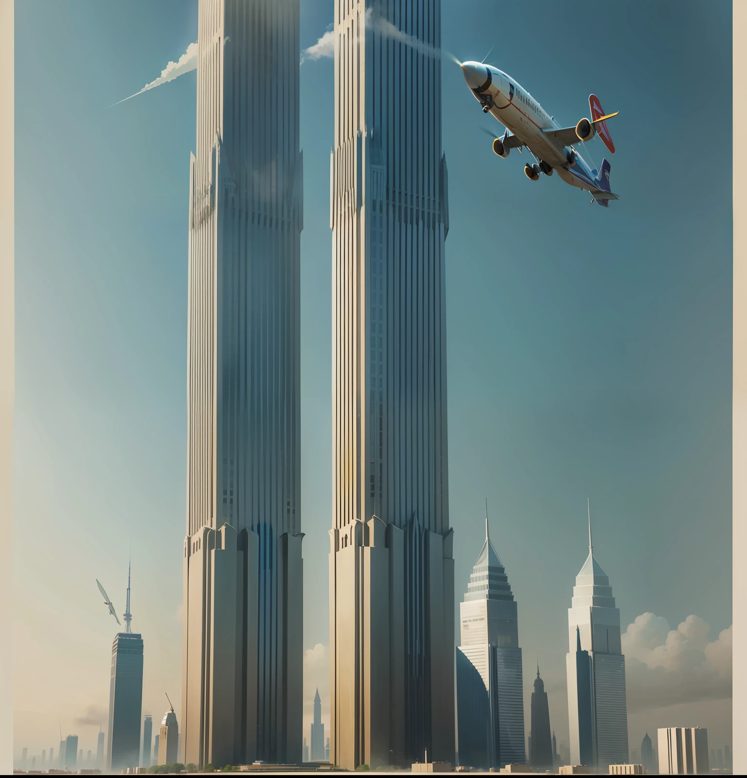 two equal towers next to each other and a plane coming towards to hit the two towers --auto --s2