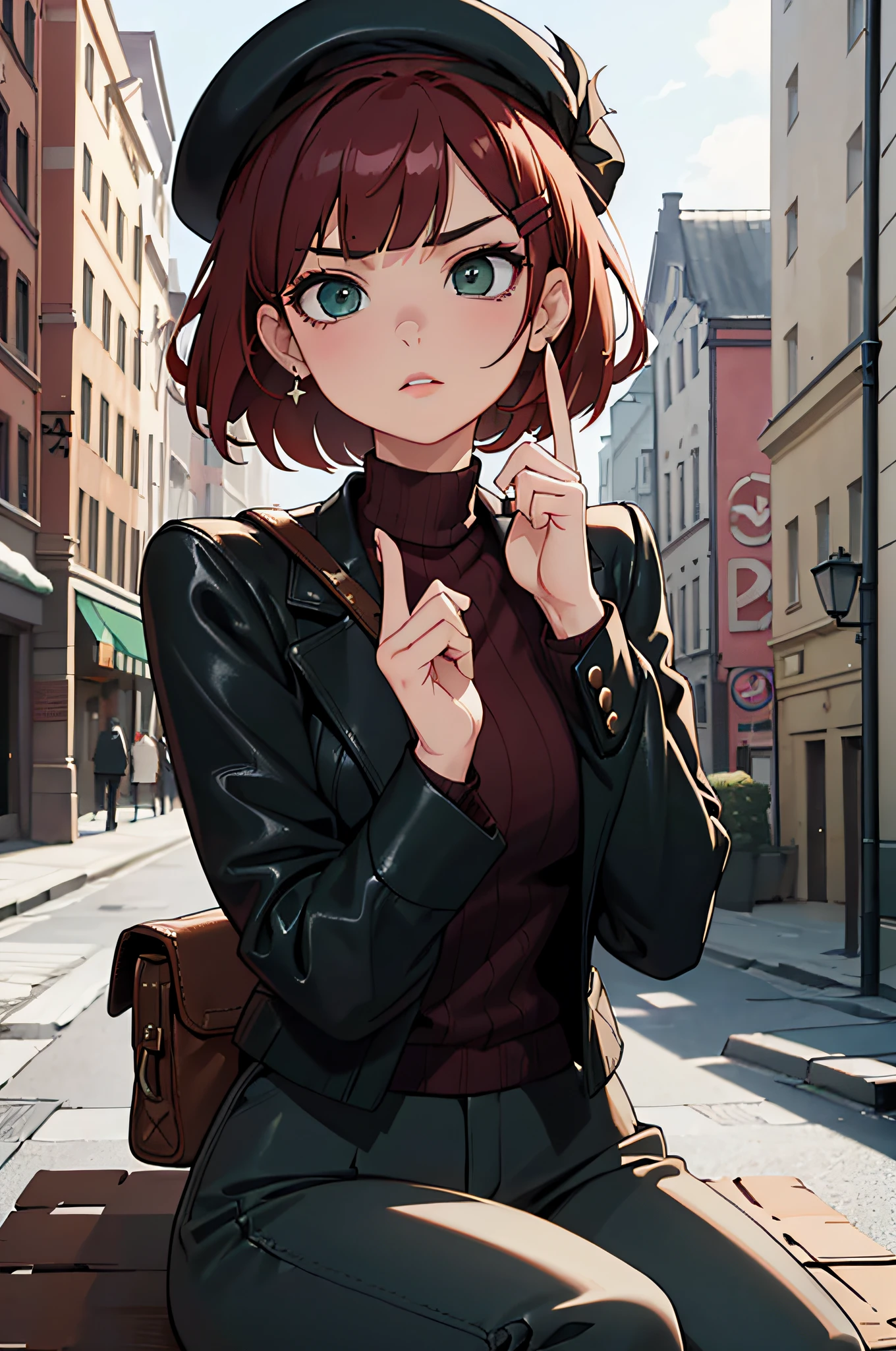 (masterpiece), (portrait), (aesthetic), (beautiful), (upper blody), (high quality), (aesthetic clothings), (professional angle), (rule of thirds), (Feminine), (woman), (female), (beautiful),(feminine features), (25 years), solo, 1 woman, (attractive German), Winter, Cold light, (Sitting), Chic Makeup, (Medium bust), ((holding a Pretzel)), (Side face), (Serious expression), ((Classic, Edgy)), Beret, ((Short hair)), (Red hair), (Bobbed hair), (Thick hair), Natural shine hair, (Hair Clip in hair), (Green eyes), (Sophisticated look), (Fair skin), (Leather clothing), (Turtleneck), (Blazer), (Trousers), Collar neckline), ((Urban background)), (- in background), (Medium Shot shot), beautiful hands, two hands, normal hands, two arms, complete hands, beautiful body, beautiful fingers, normal fingers, five fingers, five fingers, (Thumb index meddle ring little fingers), beautiful ears, normal ears, beautiful eyes, shiny eyes, beautiful mouth, beautiful lips,