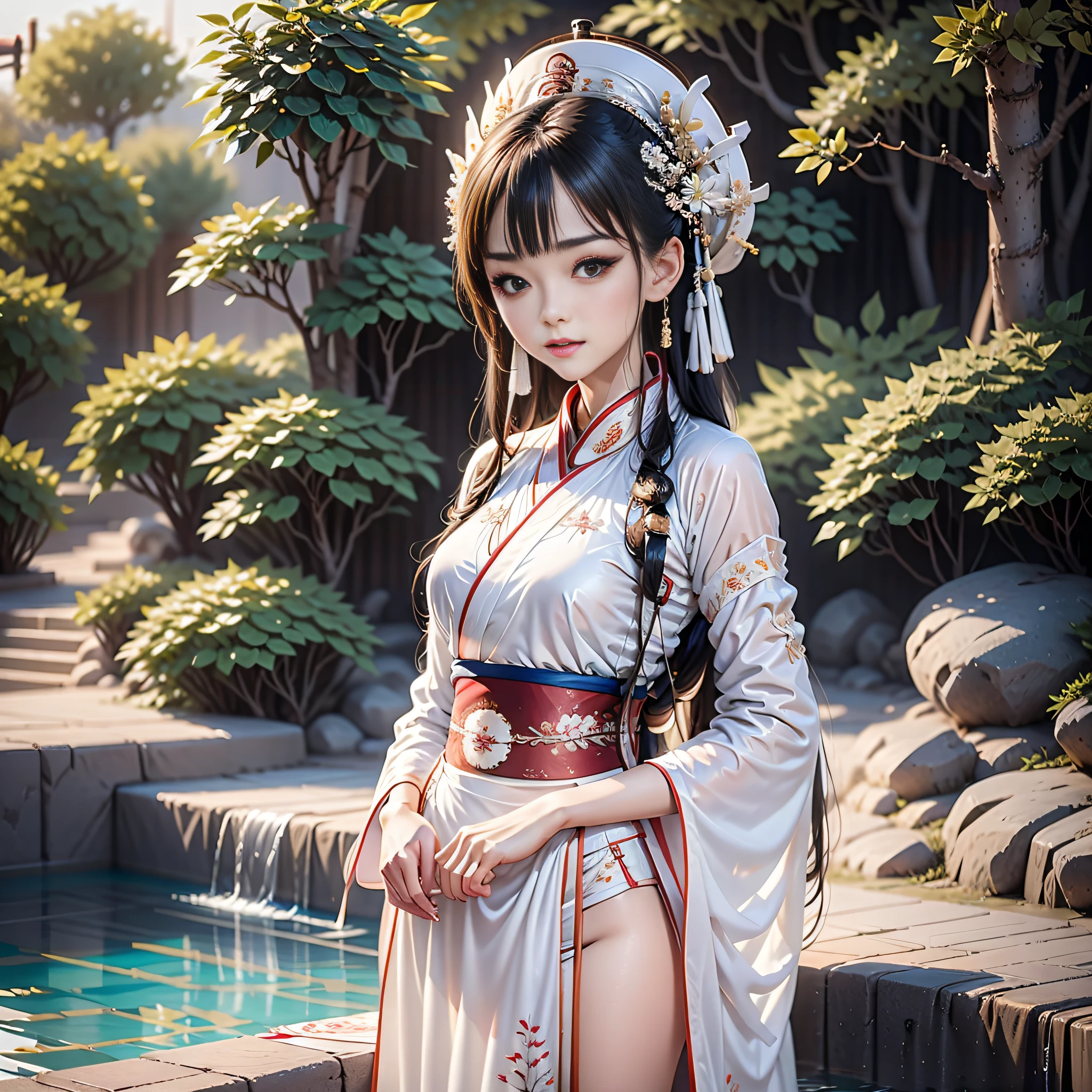 8k, realistic, charismatic, very detailed, a 20 year old girl a sexy and charming woman standing by the pool in white hanfu, looking at the camera