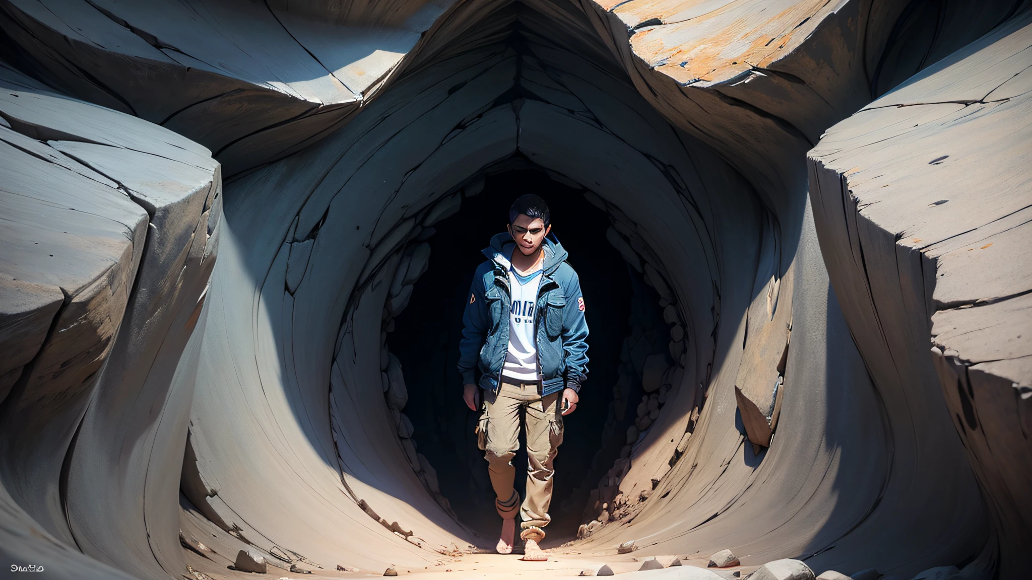 Confident person in front, close-up, alone inside the cave --auto --s2