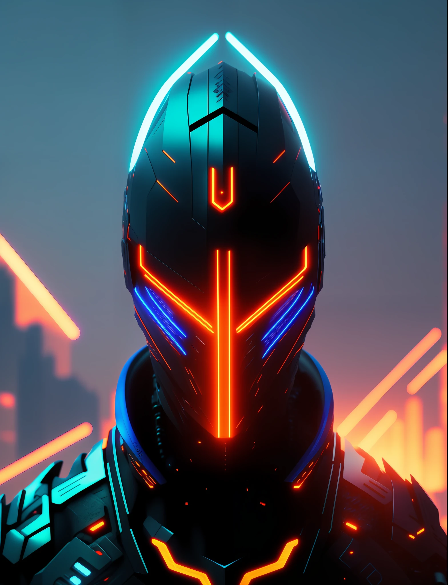 Stunning 3D render of a cyborg Ninja with glowing eyes, close-up, intricate details, set against a skyline at night, blue neon effect, futuristic, sharp focus, cinematic, high contrast, rim light, celestial atmosphere, fiery effect, vivid
