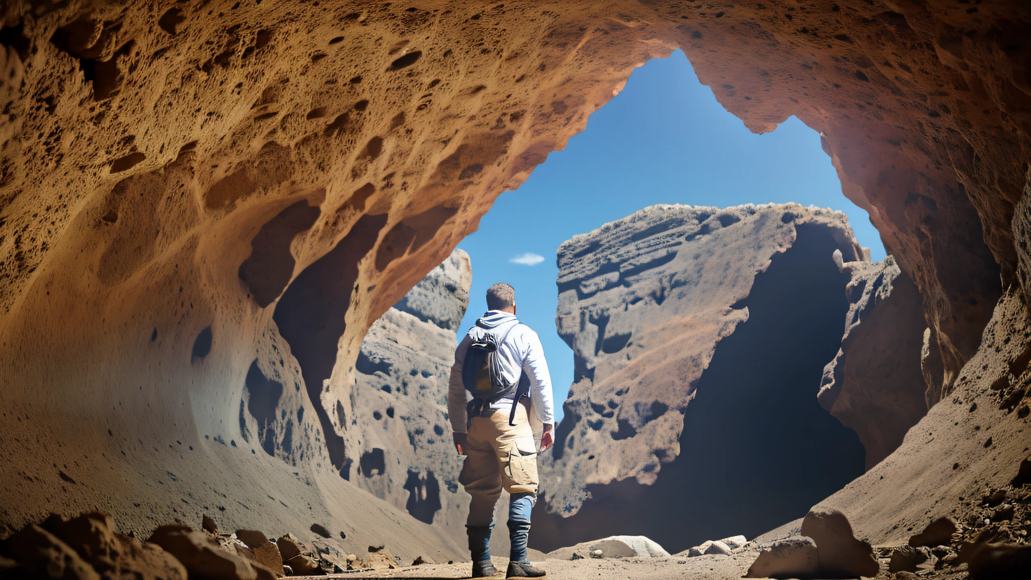 Face of confident person in the foreground, alone inside the cave --auto --s2