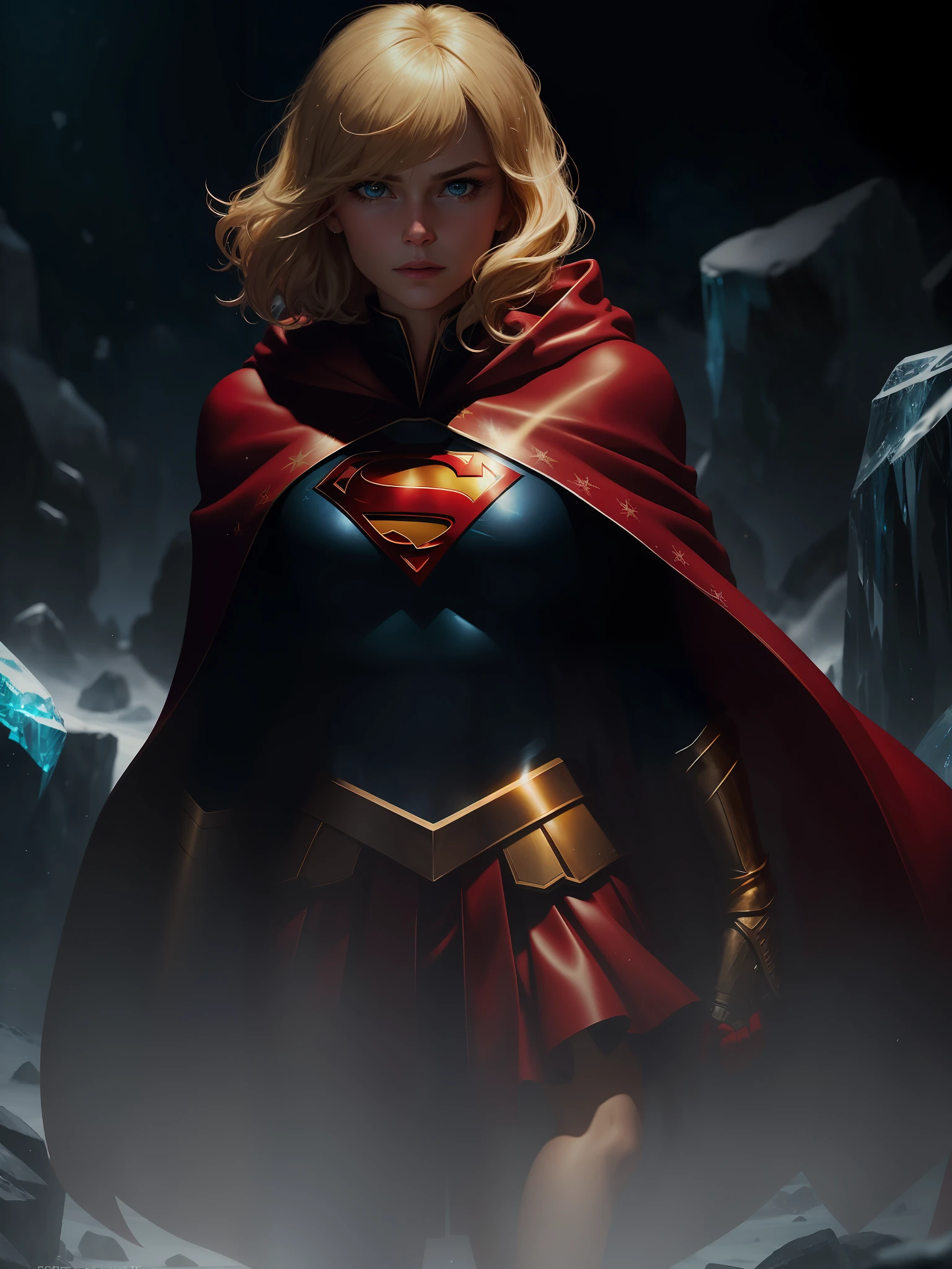movie scene, dark, close-up half-length, blonde hair, short hair, hair, bangs, movie scene, cold, ice, big ice crystals, cowboy shot, action, strong, beautiful, super girl dc comics, skirt, red and gold cloak, energy, action, impactful